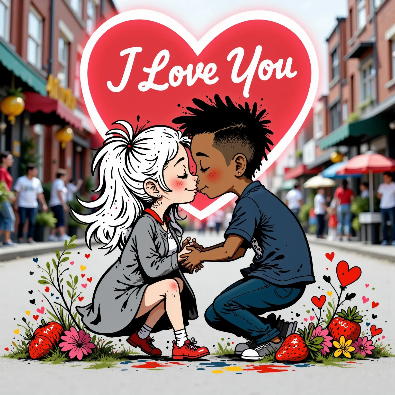 a couple of a platinum-haired girl and a black-haired Latino boy, they are kissing under a neon heart with the strawberry "I LOVE YOU".  in the background you can see a shower of small hearts, kisses and pink flowers falling.