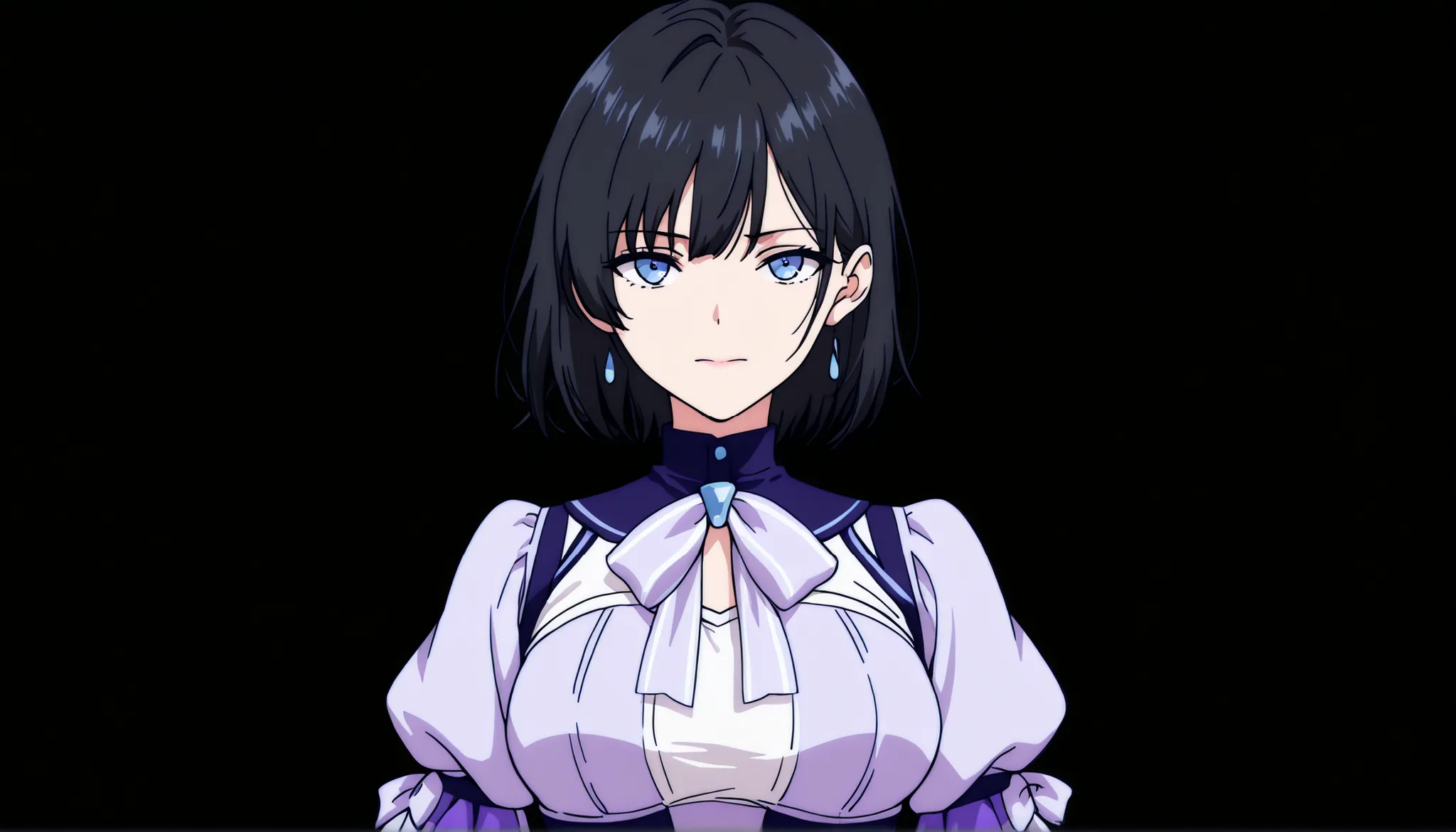 masterpiece, best quality, cg art, solo, 1girl, black hair, short hair, cerulean blue eye, medium breast, lavender idol outfit, standing, looking at viewer, neutral expression, calm, composed, slight smile, pitch black background only