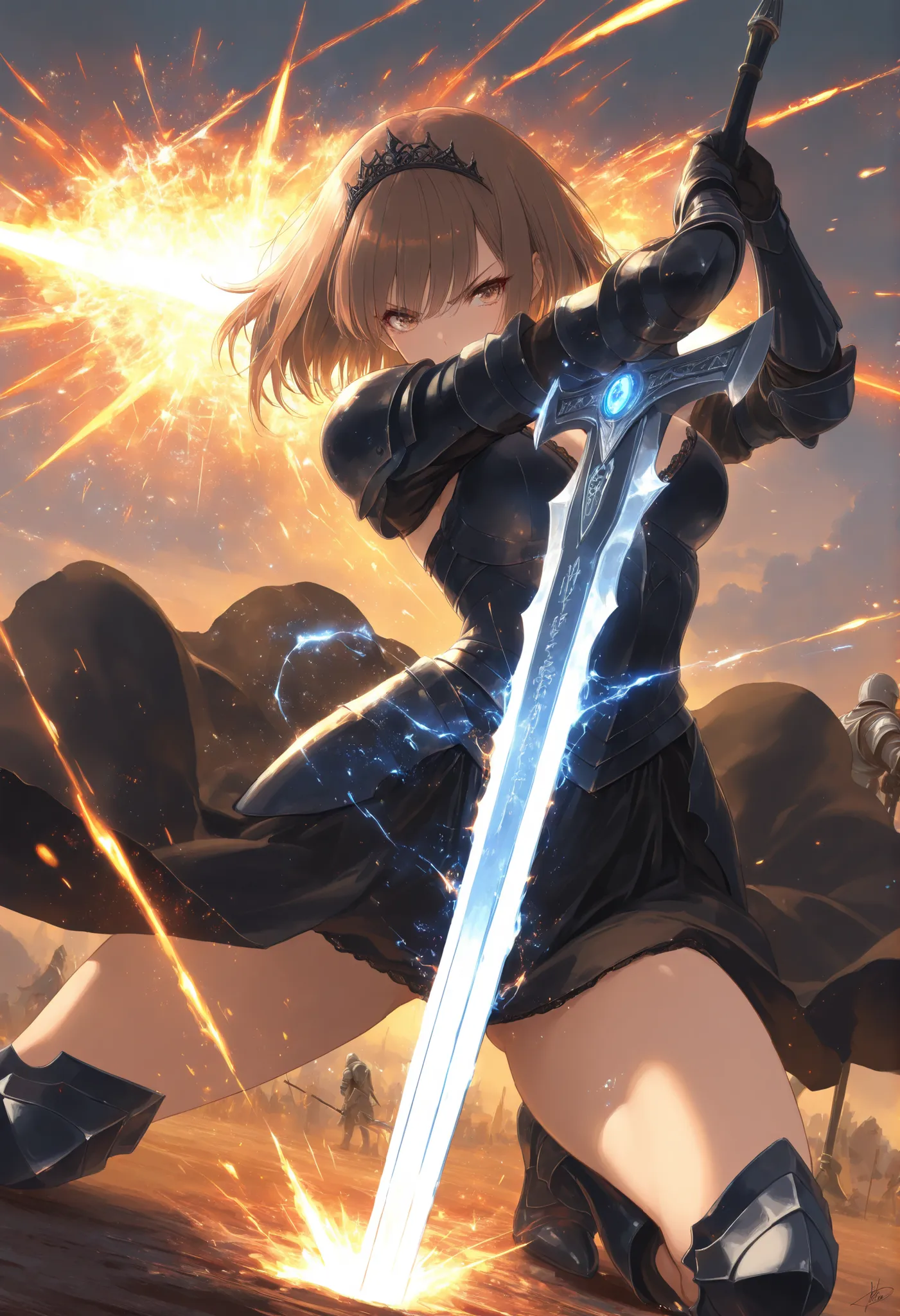 ultra detailed, masterpiece, best quality, novel ai, intense medieval combat, a beautiful anime girl with a perfect voluptuous and Gorgeous body, short bob brown hair, light brown eyes, black tiara, black armor dress, **wielding her signature weapon, a pur...