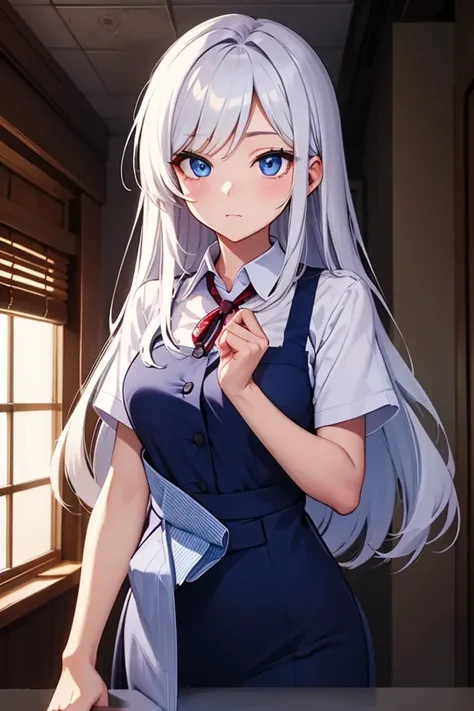 She has long white hair, dark blue eyes, wide eyes and beautiful work clothes