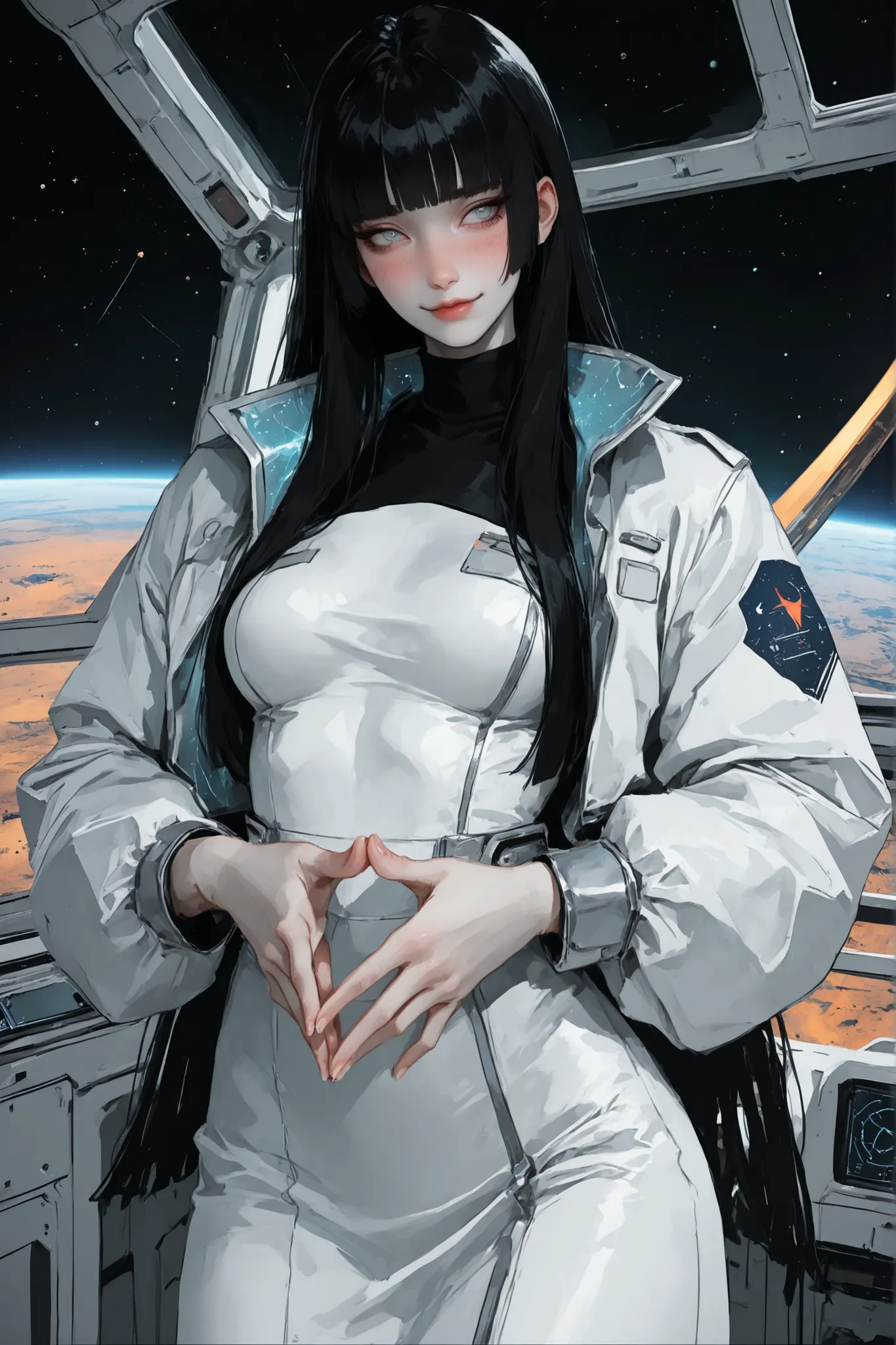 solo, female, long straight black hair, straight bangs, hime cut, light blue eyes, slender, thin, very tall, black turtleneck, elegant space clothes, pale white skin, stylish clothes, medium breasts, window, space laboratory on the moon, dandere, futuristi...