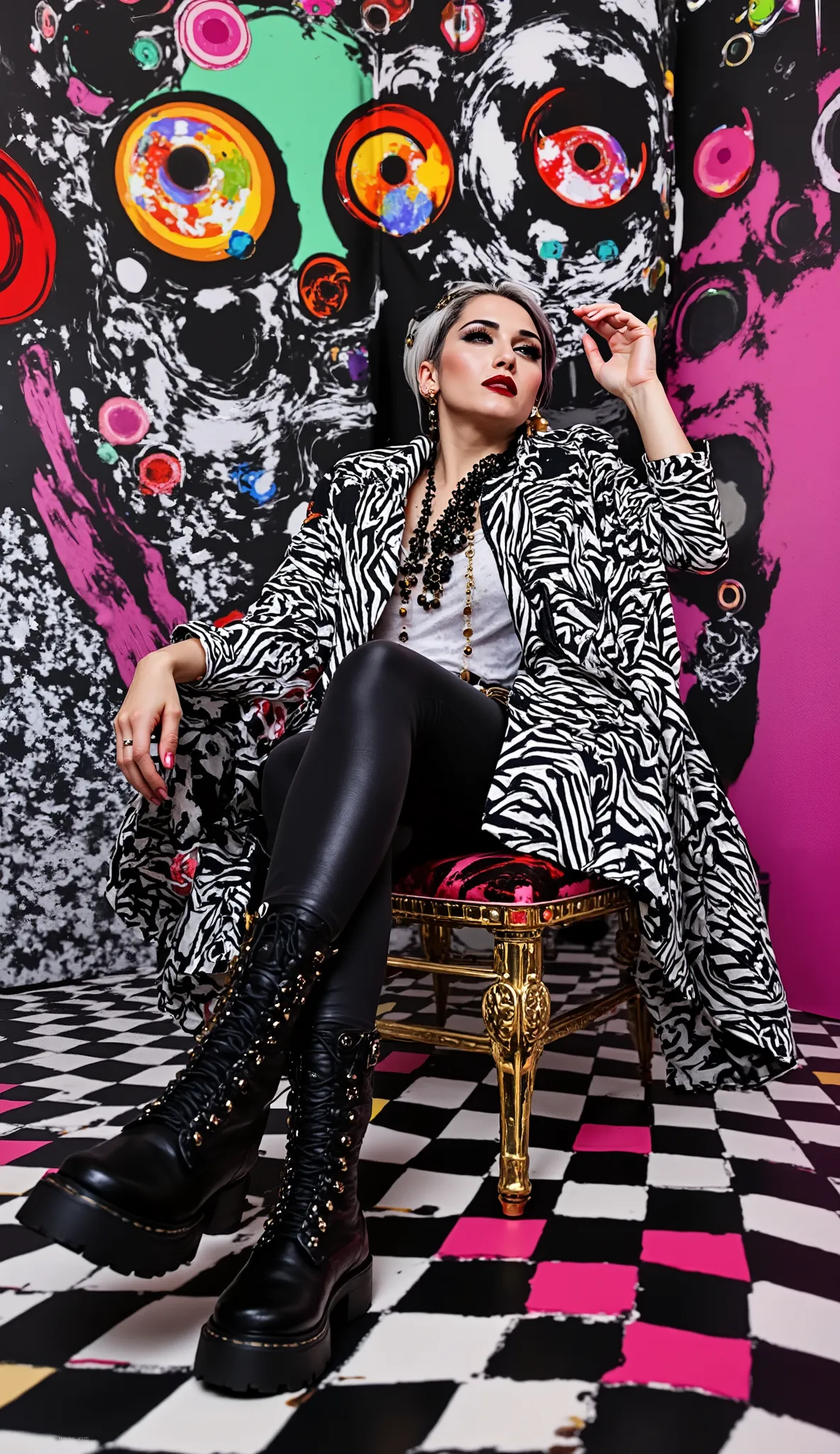 In an environment like a checkerboard: A surreal work that represents a sinister, Nordic Marilyn Manson, a seated fashion model.  The beautiful punk metal woman wears black leather clothing and spikes with platform boots that combine intricate details with...