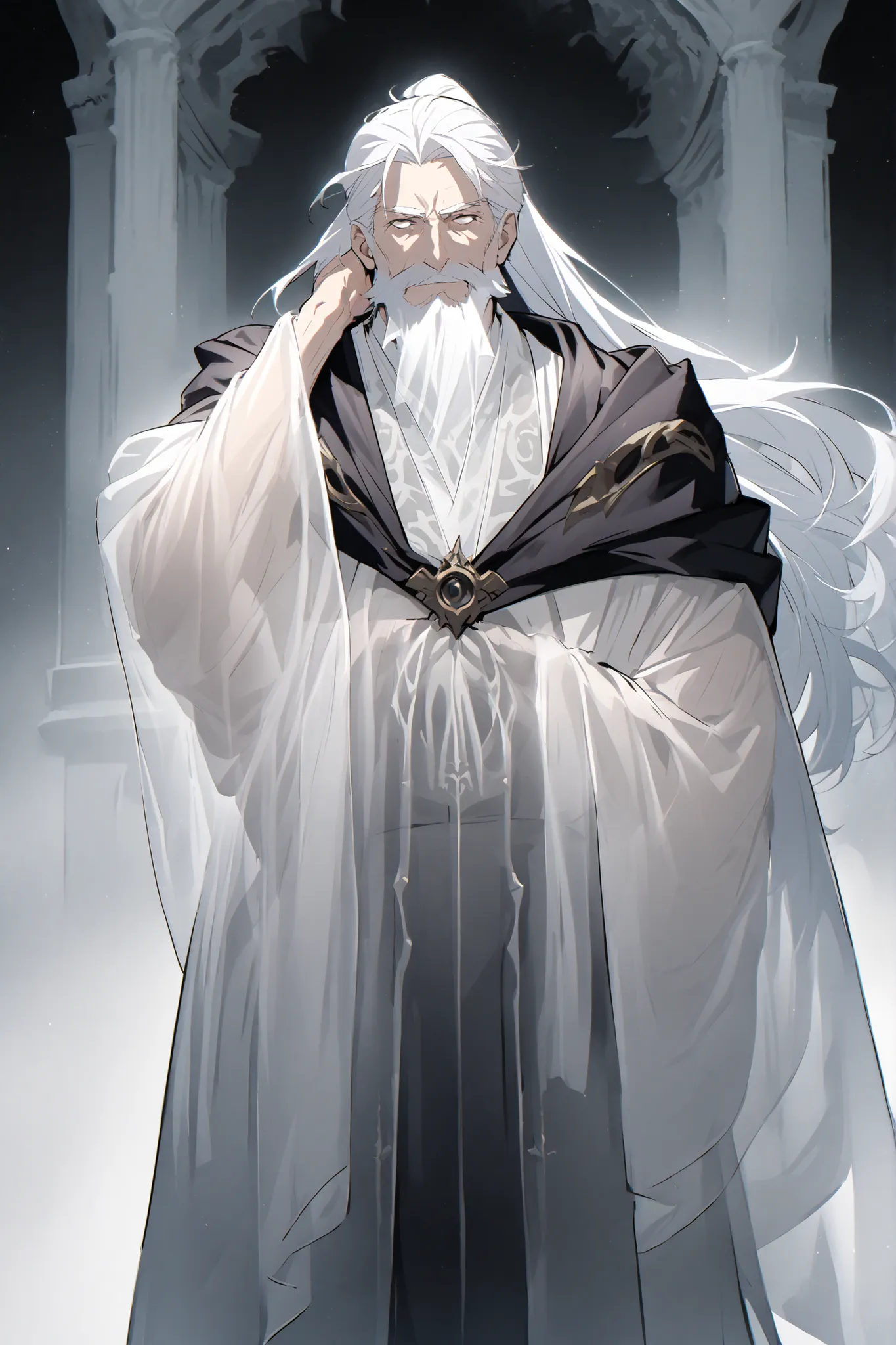 Solo, Male, Elderly, Long White Beard, Long White Hair, Ponytail, Overseer Robes, Adviser, Ghostly Appearance, ((See-through)), Dream Plain background,