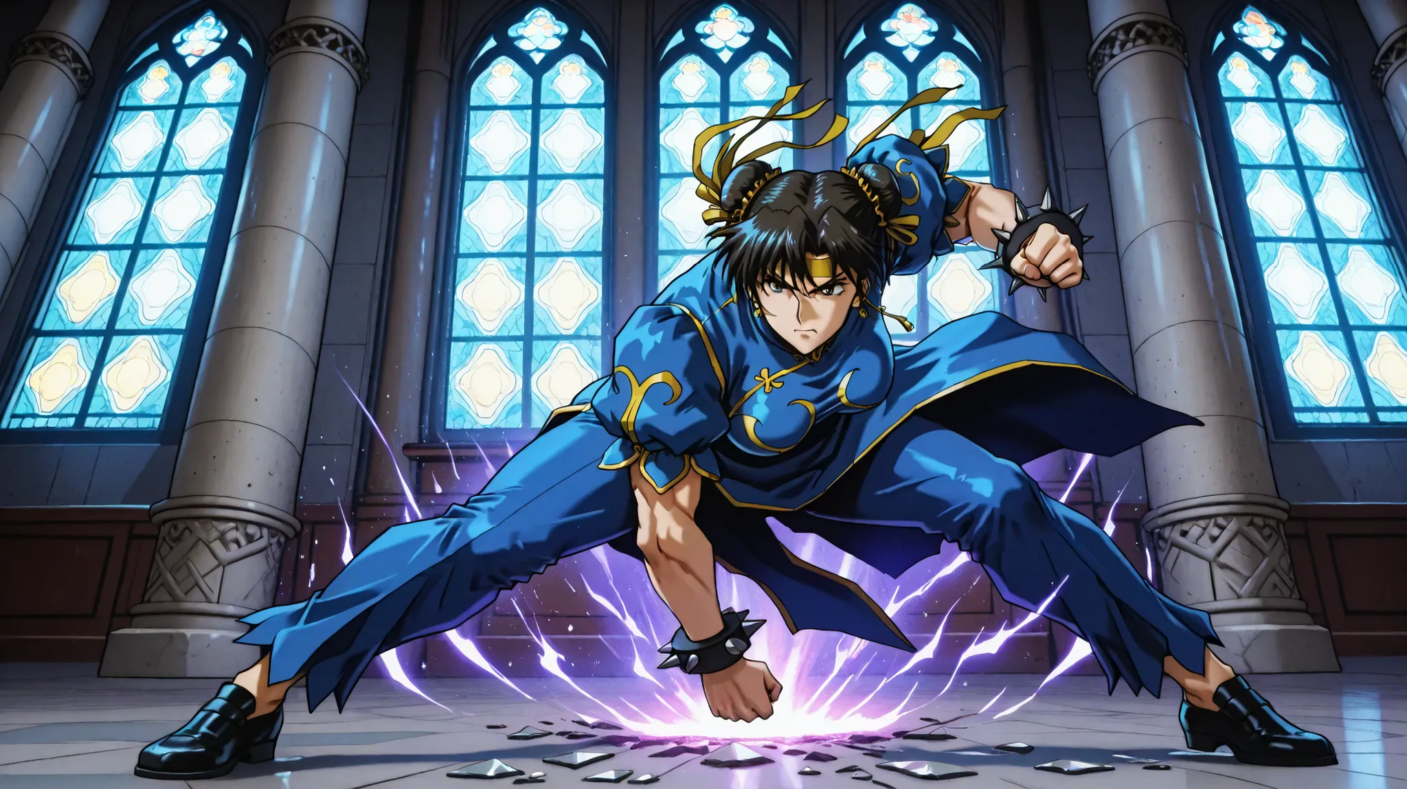 Kyo Kusanagi and Chun-Li in a dramatic anime battle scene, positioned like Morrigan and Sol in a gothic cathedral with glowing stained-glass windows behind them. Kyo is on the right, mid-leap, fist ignited with flames, his long jacket flaring behind him, i...