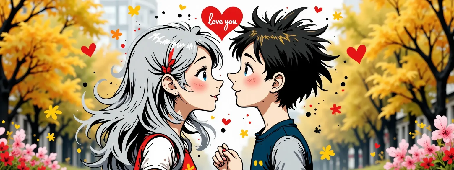 A couple of a couple a boy and a girl, kiss under a neon heart with the strawberry "I love you". The girl has long silver hair., The boy has wavy black hair, background of yellow and ochre leaves, autumnal type with pink flowers.