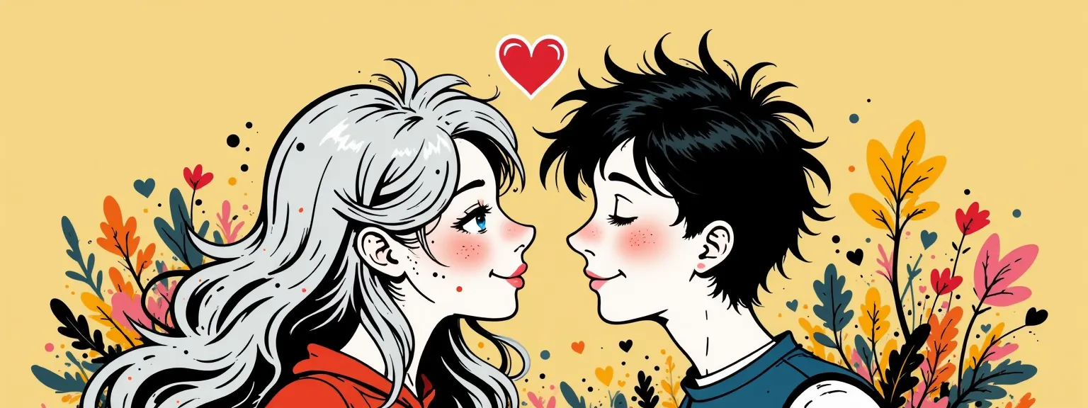 A couple of a couple a boy and a girl, kiss under a neon heart with the strawberry "I love you". The girl has long silver hair., The boy has wavy black hair, background of yellow and ochre leaves, autumnal type with pink flowers.