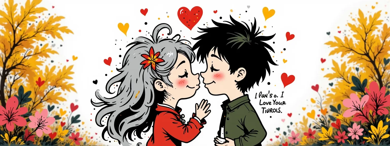 A couple of a couple a boy and a girl, kiss under a neon heart with the strawberry "I love you". The girl has long silver hair., The boy has wavy black hair, background of yellow and ochre leaves, autumnal type with pink flowers.