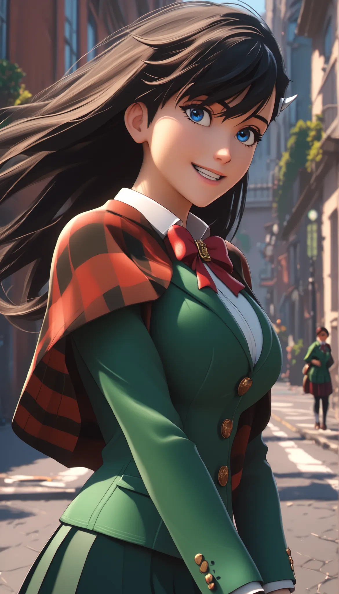score_9, score_8_up, score_7_up, score_6_up, BREAK, source_cartoon, source_anime, 1girl, noel niihashi long hair, blue eyes, black hair, hair ornament, hairclip,
skirt, shirt, long sleeves, bow, school uniform, jacket, white shirt, pleated skirt, collared ...