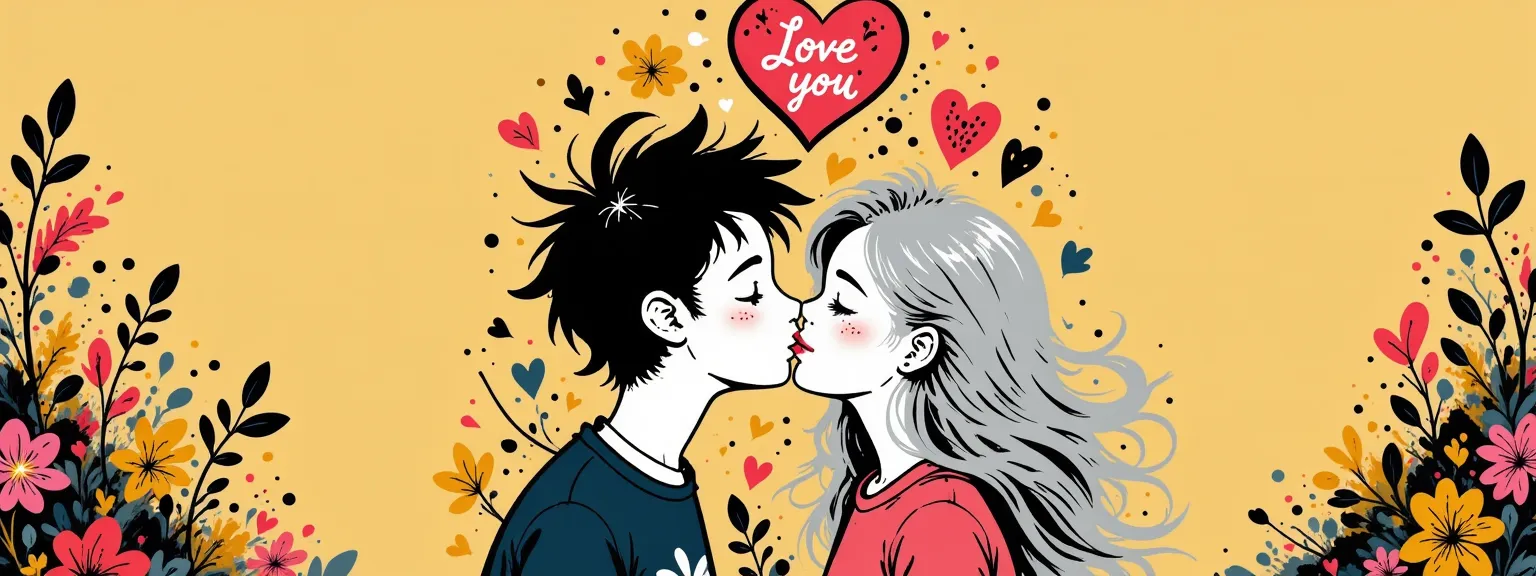 A couple of a couple a boy and a girl, kiss under a neon heart with the strawberry "I love you". The girl has long silver hair., The boy has wavy black hair, background of yellow and ochre leaves, autumnal type with pink flowers.