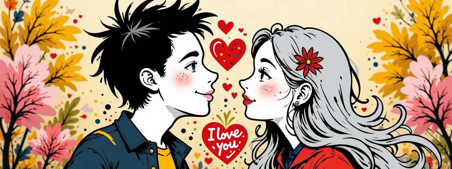 A couple of a couple a boy and a girl, kiss under a neon heart with the strawberry "I love you". The girl has long silver hair., The boy has wavy black hair, background of yellow and ochre leaves, autumnal type with pink flowers.