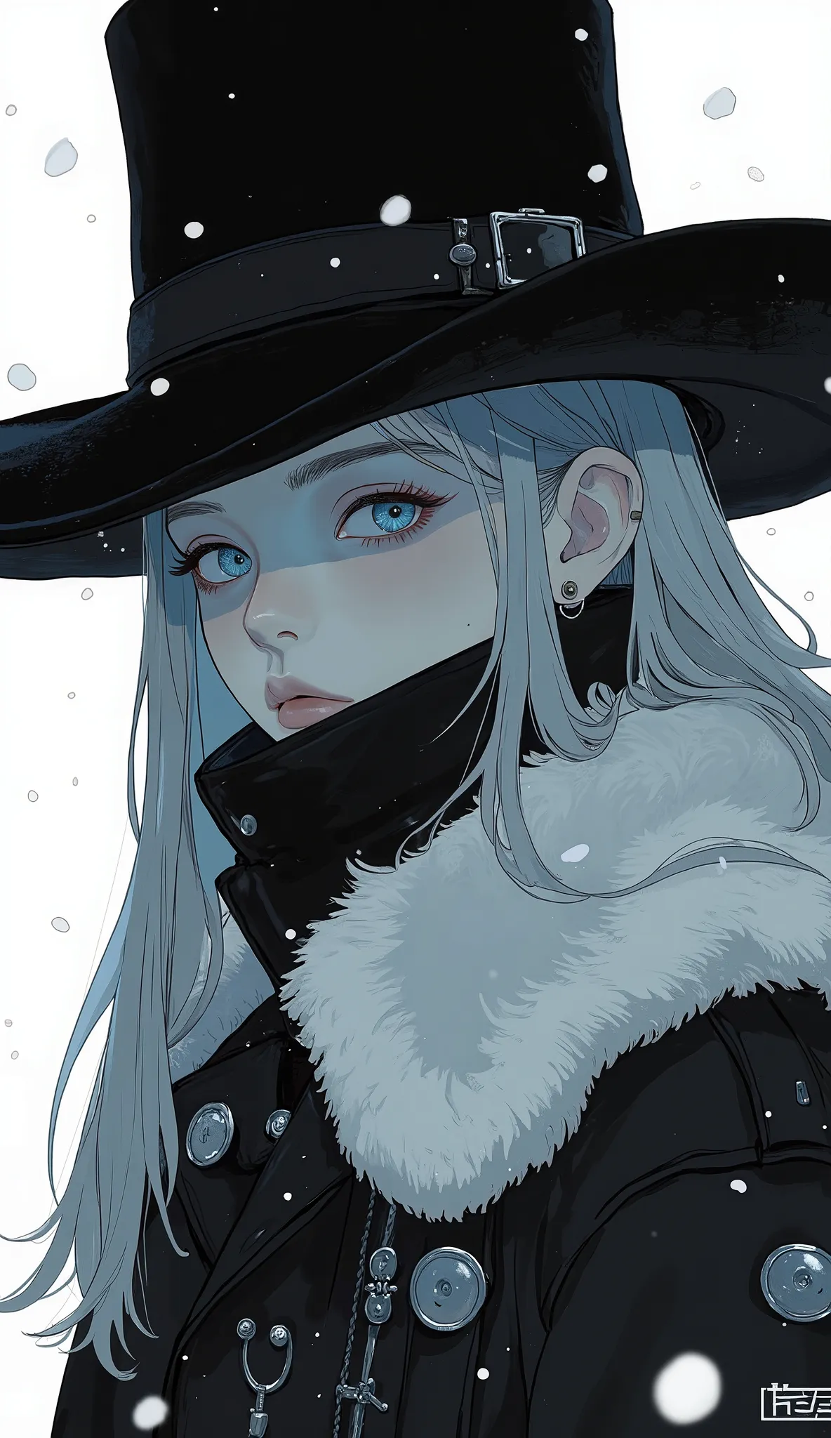 long gray haired anime girl in a black hat and fur coat,  black and white manga style, Tanaka Ichimura, in the style of Guweiz, by EiQ, inspired Le Chevalier, Le Chevalier, Reusch |, Jin Non, Portrait of an Arab woman wearing a black hat and black coat ins...