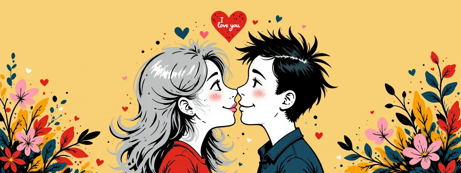 A couple of a couple a boy and a girl, kiss under a neon heart with the strawberry "I love you". The girl has long silver hair., The boy has wavy black hair, background of yellow and ochre leaves, autumnal type with pink flowers.