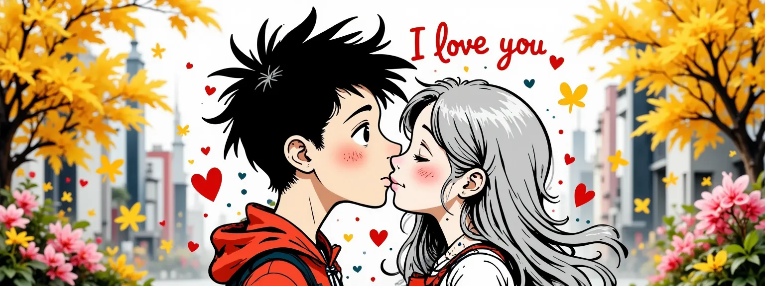 A couple of a couple a boy and a girl, kiss under a neon heart with the strawberry "I love you". The girl has long silver hair., The boy has wavy black hair, background of yellow and ochre leaves, autumnal type with pink flowers.