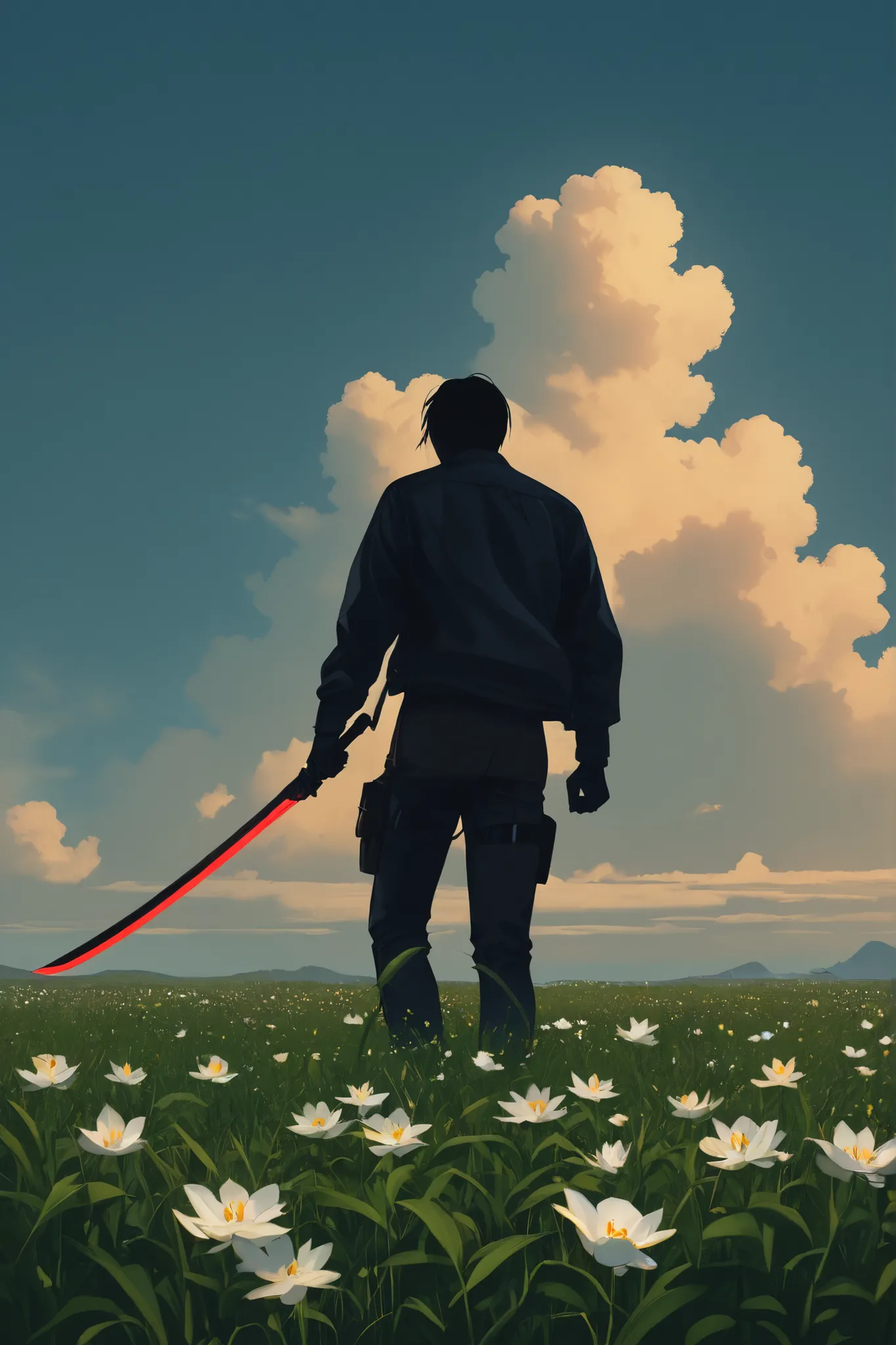 A dark-haired male facing behind an invisible face in a black hodie trouser carrying a cyberpunk sword looks away in a field of cloudy blue sky lily flowers