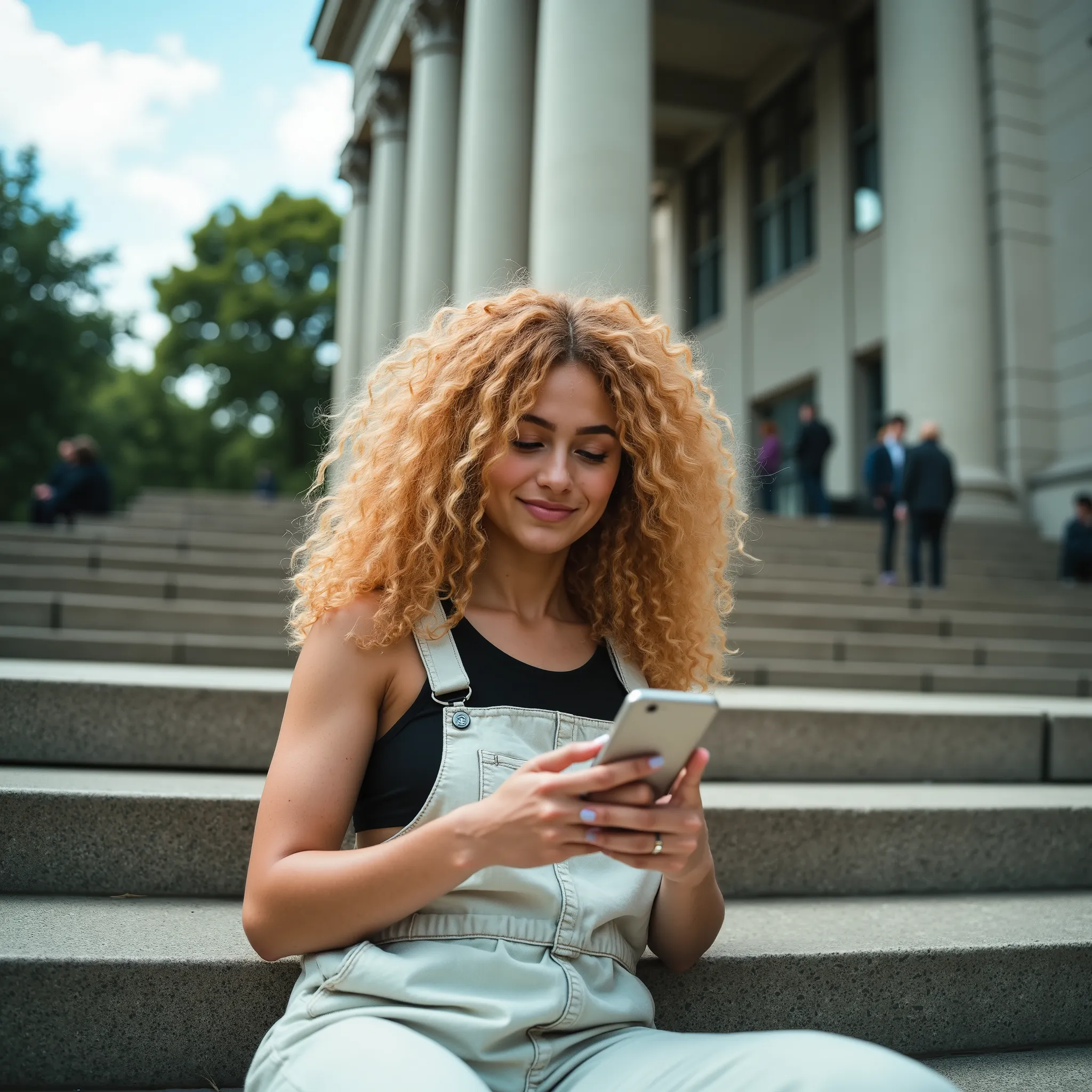 Cinematic daytime scene of a young woman with long, voluminous peach-blonde curly hair, sitting casually on the stone steps of a university building. She wears light denim overalls over a black sleeveless top, with a relaxed, urban style. She is absorbed ...