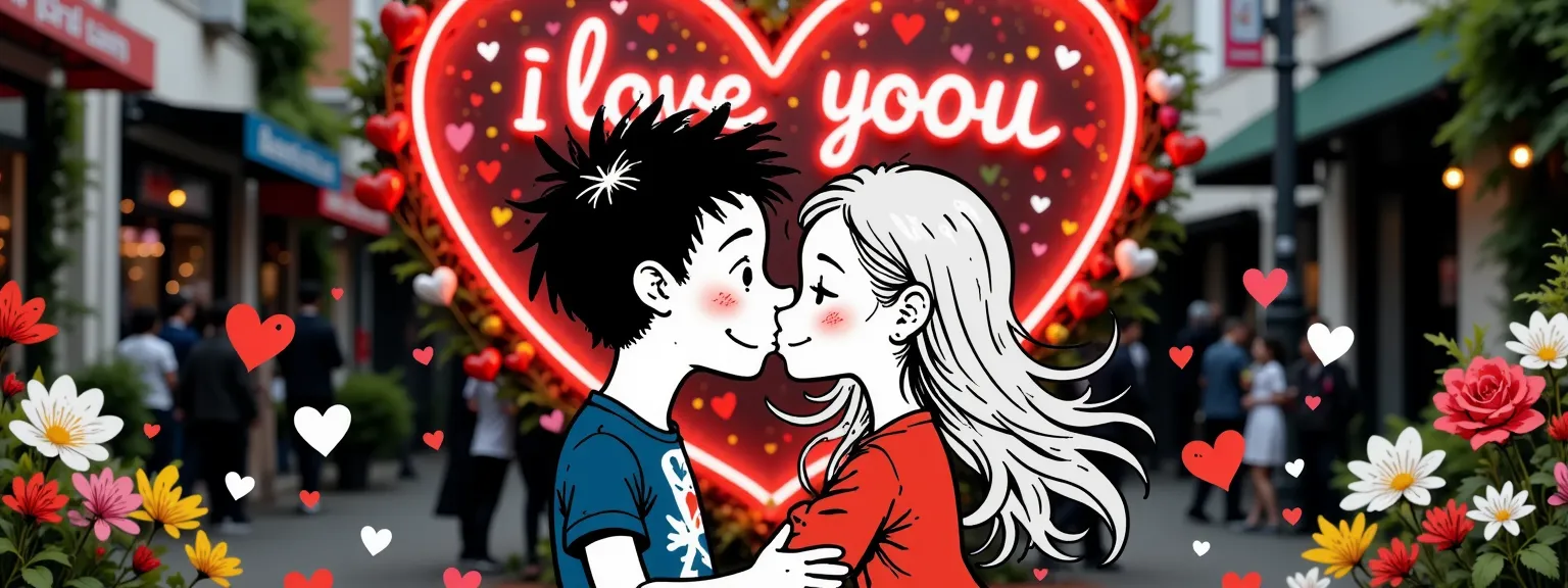 A couple of a couple a boy and a girl, kiss under a neon heart with the strawberry "I love you". The girl has long silver hair., The boy has wavy black hair, In the background fall hearts, kisses and rose petals. 
