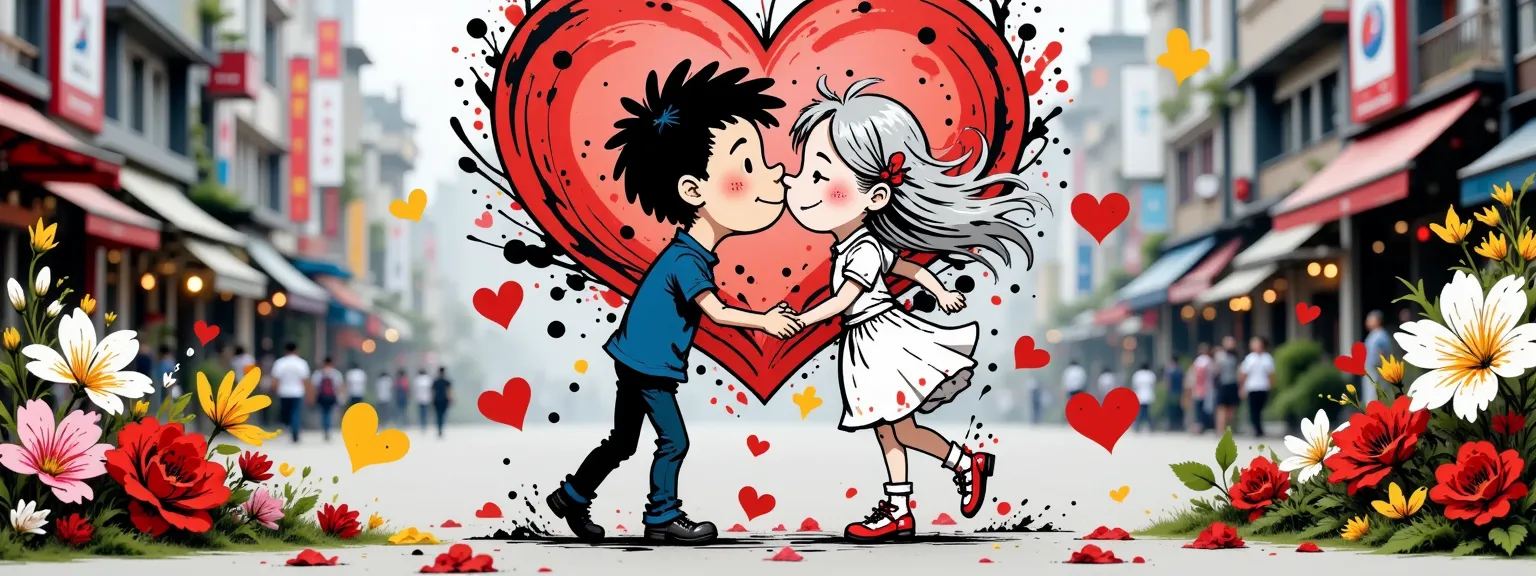 A couple of a couple a boy and a girl, kiss under a neon heart with the strawberry "I love you". The girl has long silver hair., The boy has wavy black hair, In the background fall hearts, kisses and rose petals, pastel colors  