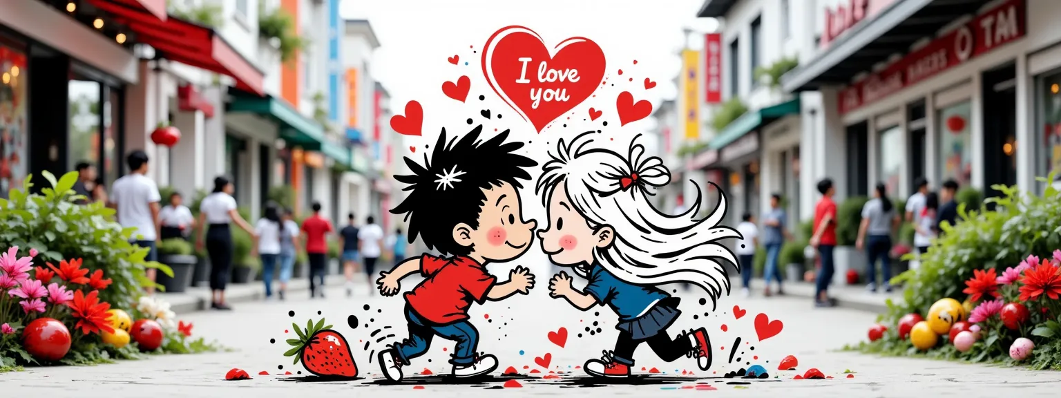 A couple of a couple a boy and a girl, kiss under a neon heart with the strawberry "I love you". The girl has long silver hair., The boy has wavy black hair, In the background fall hearts, kisses and rose petals, pastel colors  
