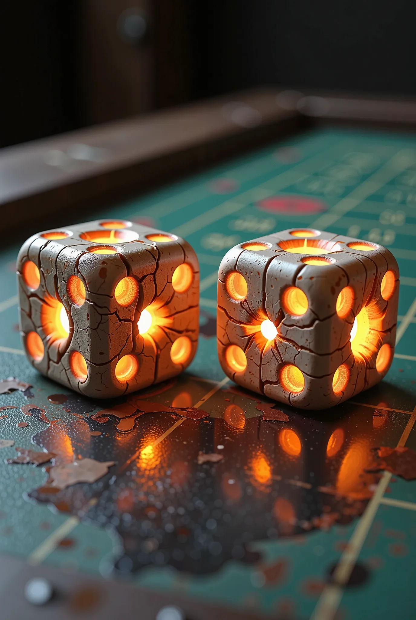 2 evil demonic cursed six sided dice made of skin and bones with chaos portals on them, eerie glow, Craps table, best quality, very detailed, UHD, HDR