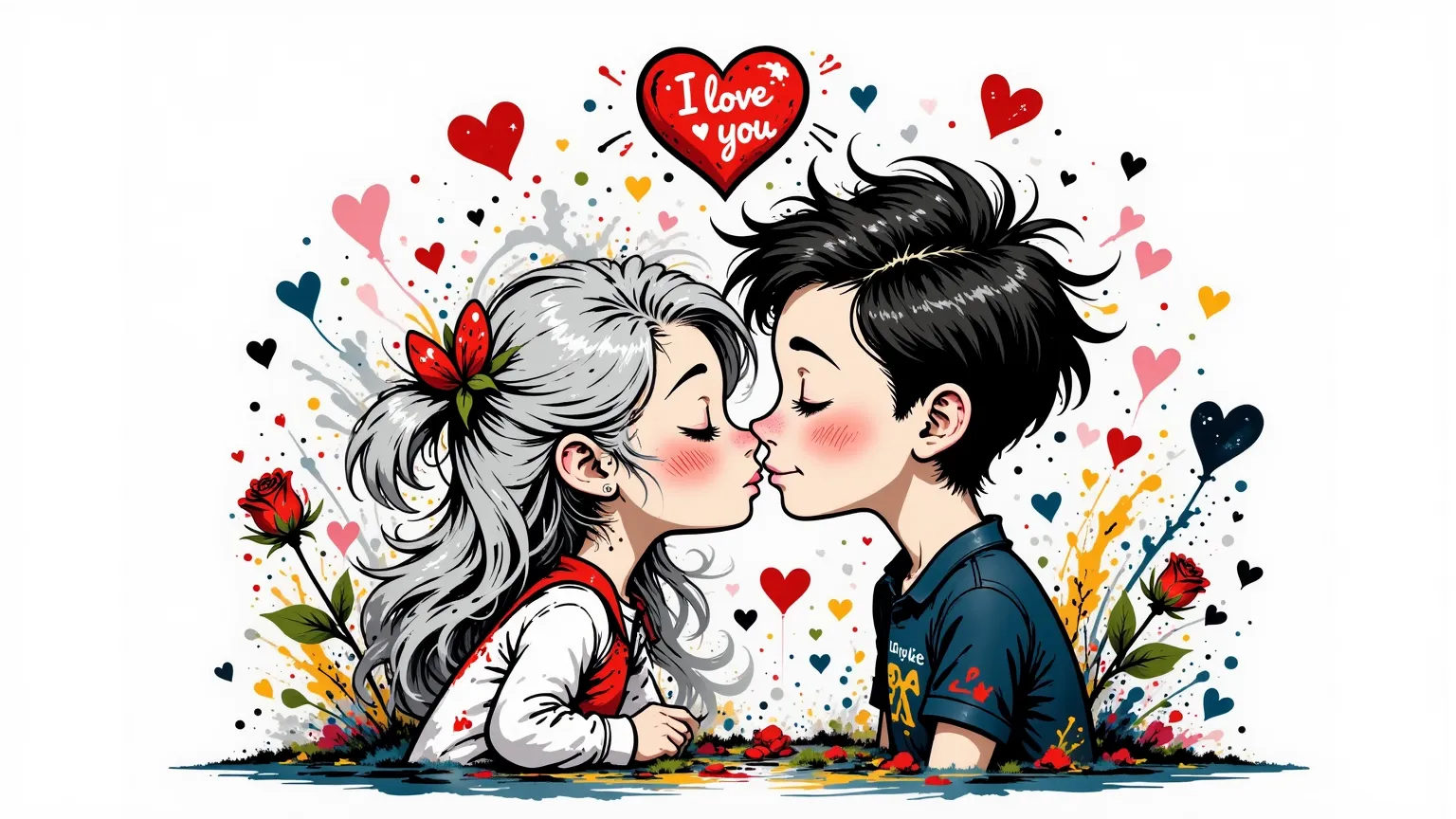 A couple of a couple a boy and a girl, kiss under a neon heart with the strawberry "I love you". The girl has long silver hair., The boy has wavy black hair. Background in the form of a splash with pastel colors, hearts, kisses and falling rose petals, 