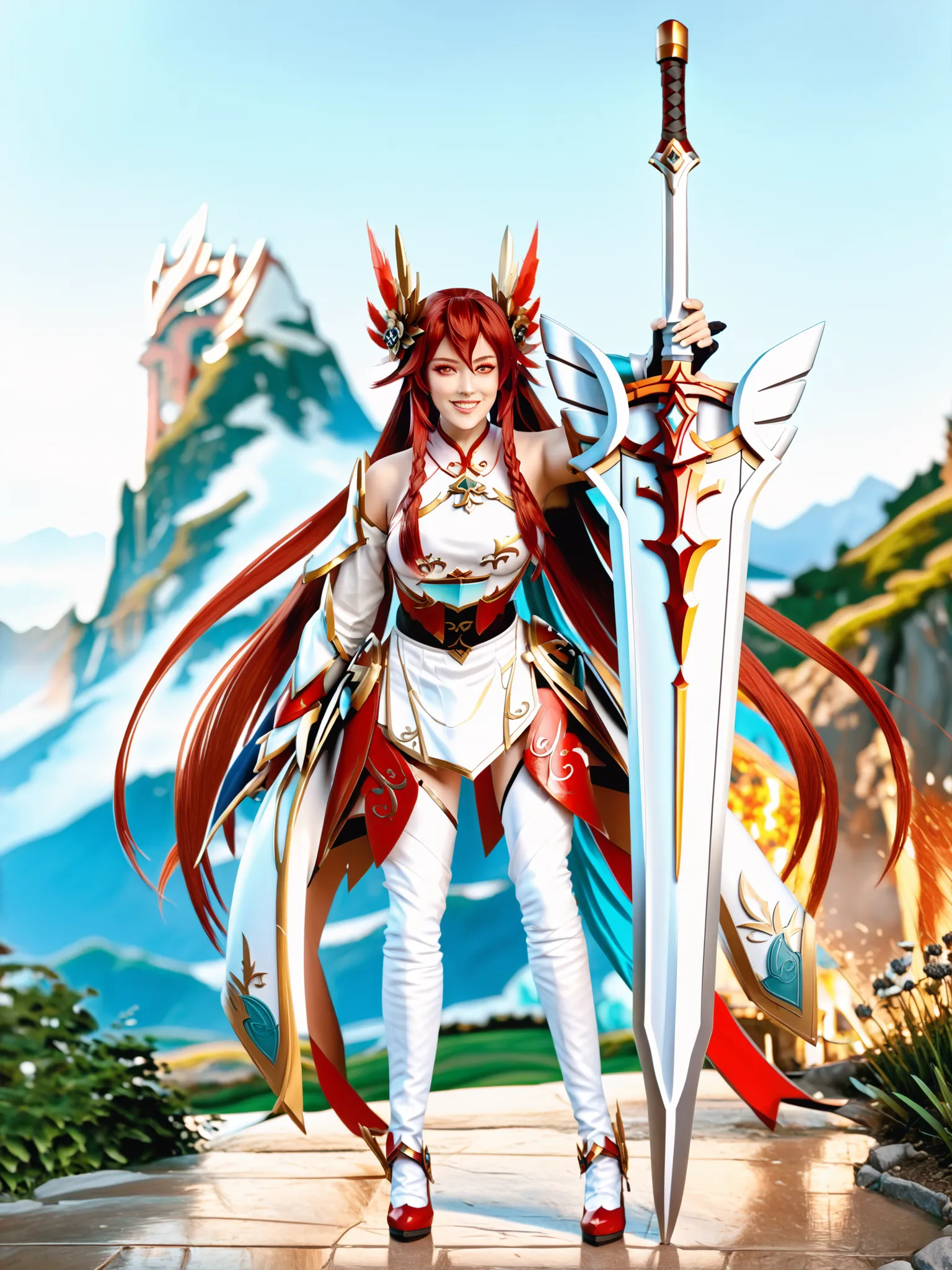 8k ultra hd, photorealistic, hyperdetailed, 3d rendered,  masterpiece, mountain landscape, solo,  20 years old , yandere, elesis sieghart(elsword), sword holding girl, red hair, long hair, red eyes, perfect hands (5 parmak), rias gremory, irelia, hu tao, w...