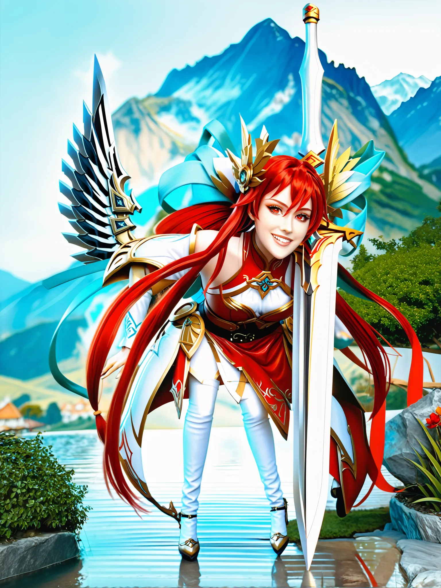 8k ultra hd, photorealistic, hyperdetailed, 3d rendered,  masterpiece, mountain landscape, solo,  20 years old , yandere, elesis sieghart(elsword), sword holding girl, red hair, long hair, red eyes, perfect hands (5 parmak), rias gremory, irelia, hu tao, w...