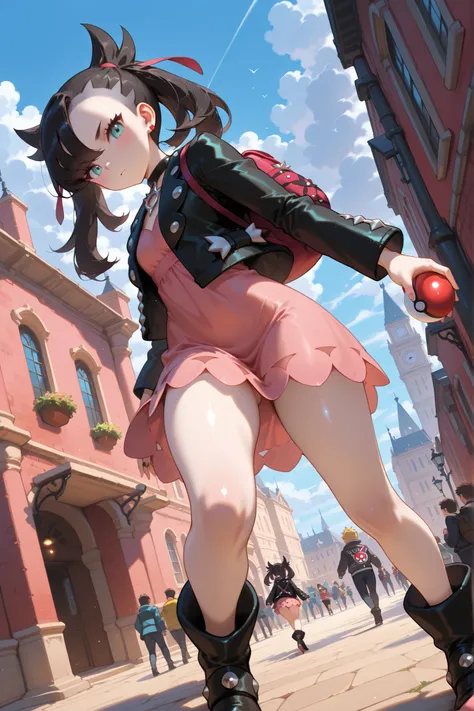 dutch angle ,powerful scene,Masterpiece, best quality,poke ball,battle stance,Ball poising,(cute,1girl,Marnie\(Pokemon\), black hair, Black hair, aqua eyes, white skin, ponytails, pink dress, back lether jacket,),black,thick thighs, black boots,shiny skin,...