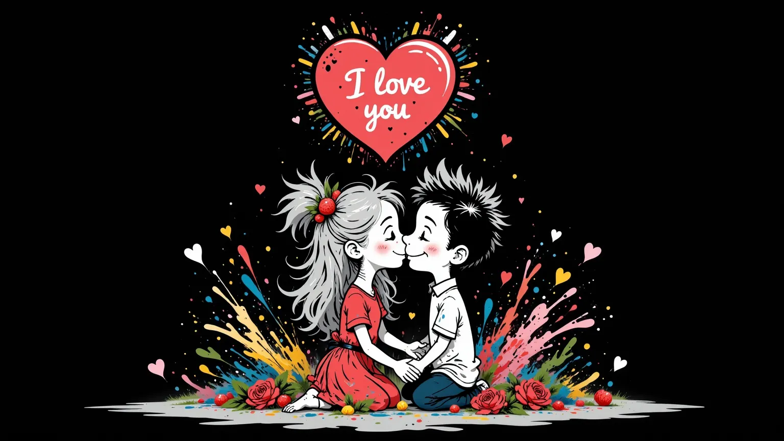 A couple of a couple a boy and a girl, kiss under a neon heart with the strawberry "I love you". The girl has long silver hair., The boy has wavy black hair. Black, background with a splash with pastel colors jumping, hearts, kisses and falling rose petals, 