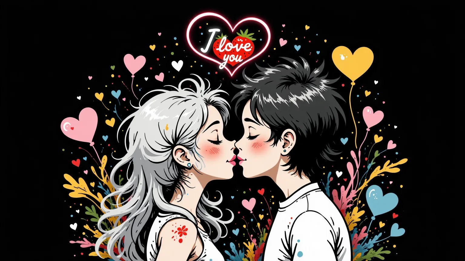 A couple of a couple a boy and a girl, kiss under a neon heart with the strawberry "I love you". The girl has long silver hair., The boy has wavy black hair. Black, background with a splash with pastel colors jumping, hearts, kisses and falling rose petals, 