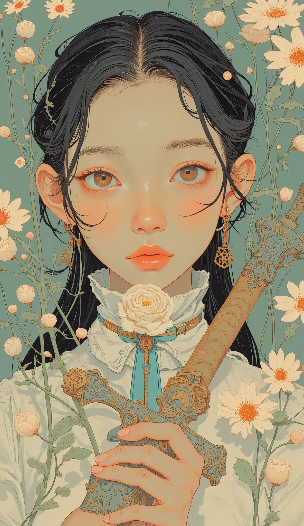 Close up shot of a person holding a sword and a flower , Charming Women in Medieval European Illustrations, Beautiful Neutral Female Knights, female protagonist 👀 :8, by Shinoda Toko, Delicate Neutral Women, Screenshot of the , medieval art style, Art Nouv...