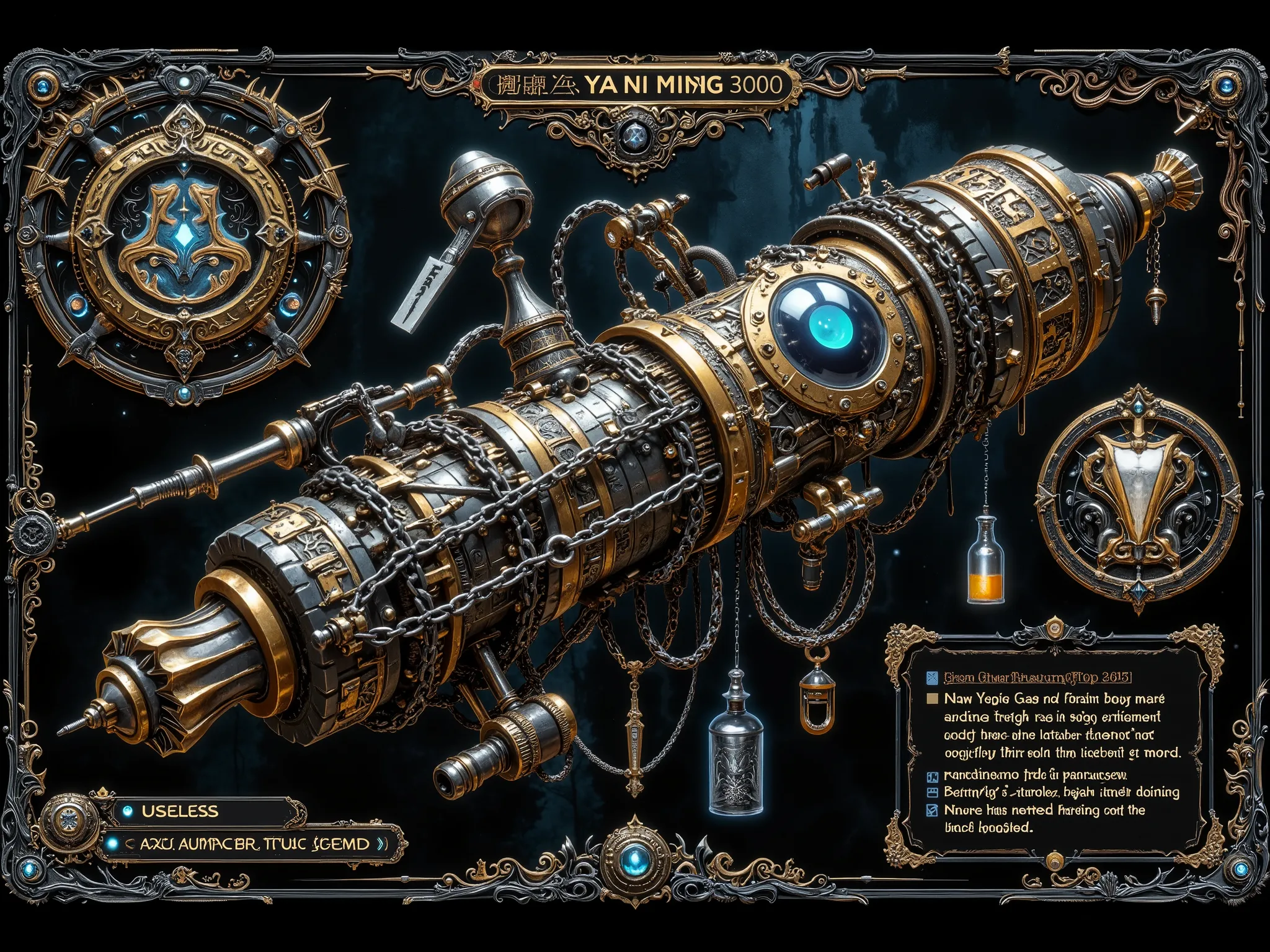 Masterpiece, ultra-detailed, surreal sci-fi video game item codex interface. The central focus is the legendary item 'Yao Ni Ming 3000': a bizarre and intricate assembly of a fruit knife, a bicycle chain, a gas canister, a vial of shimmering poison, a hand...