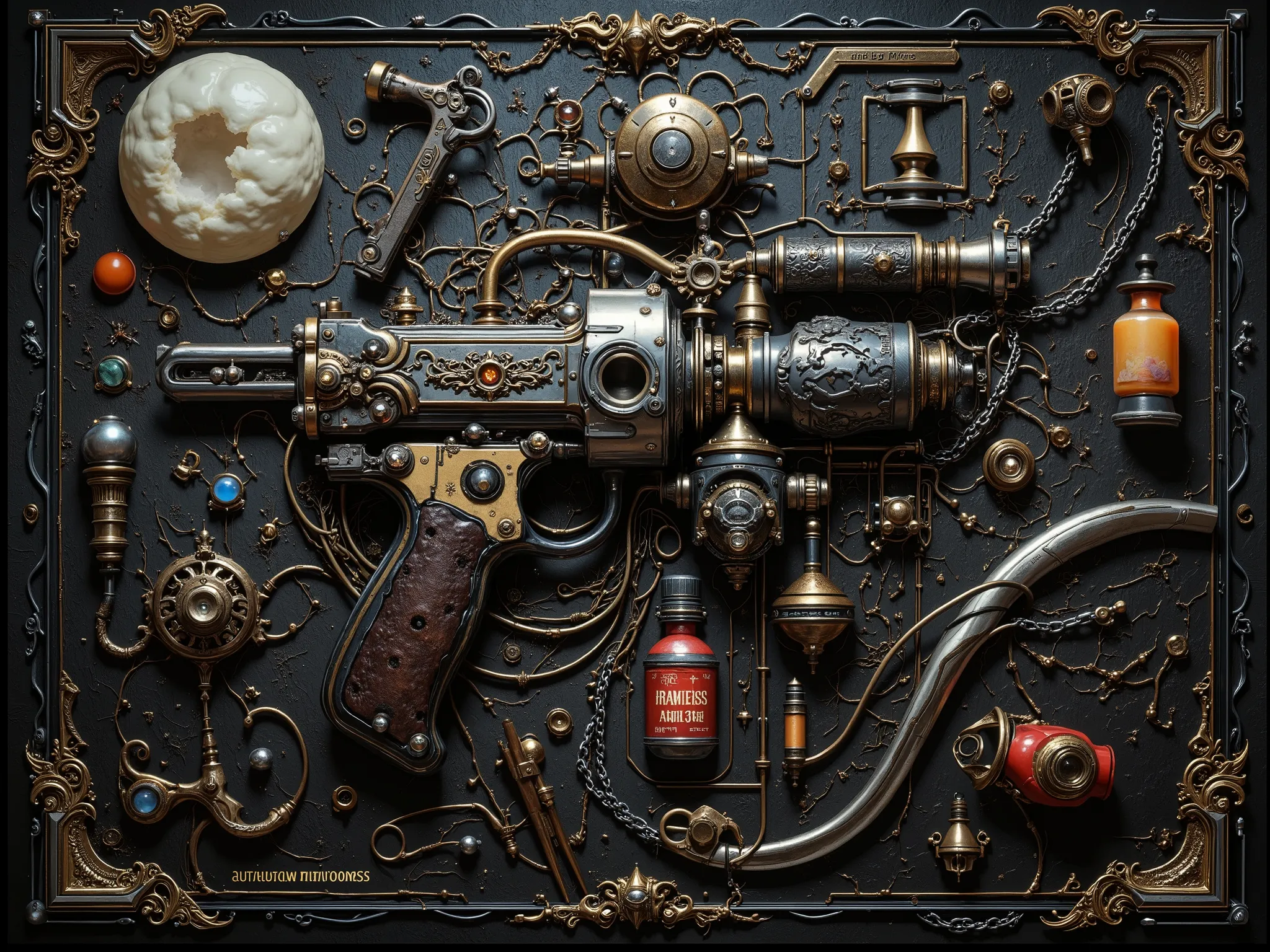Masterpiece, ultra-detailed, surreal sci-fi video game item codex interface. The central focus is the legendary item 'Yao Ni Ming 3000': a bizarre and intricate assembly of a fruit knife, a bicycle chain, a gas canister, a vial of shimmering poison, a hand...