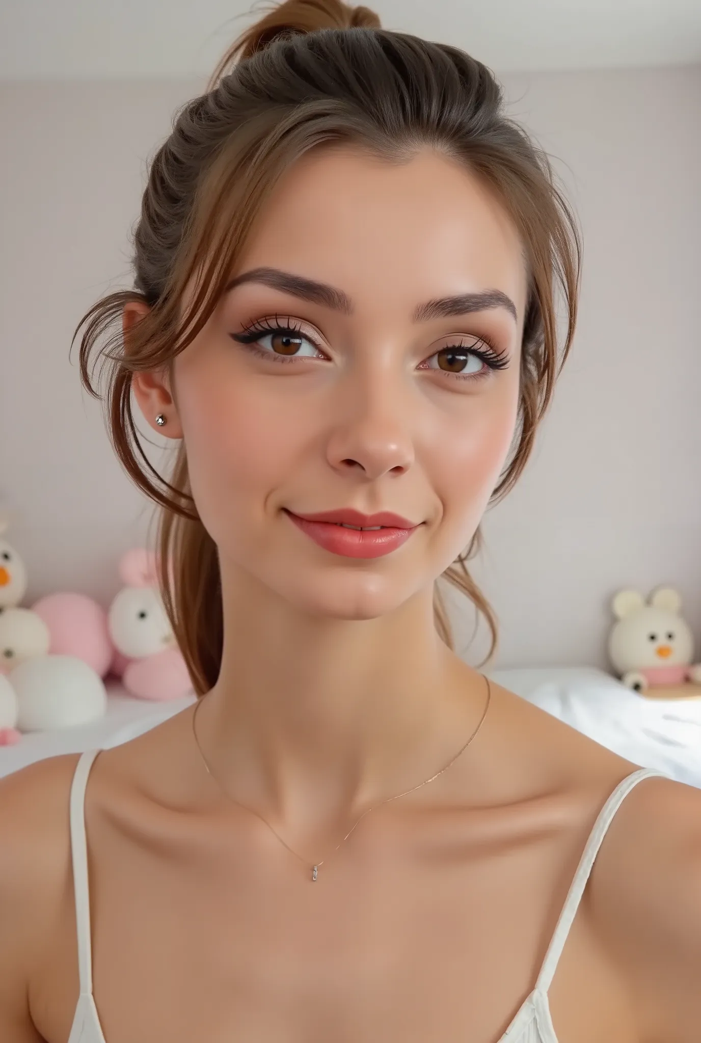 curly hair, Ponytail,petite,thin, slim waist, slim, flat background, presents, showing off her flat ass, height 5.5
