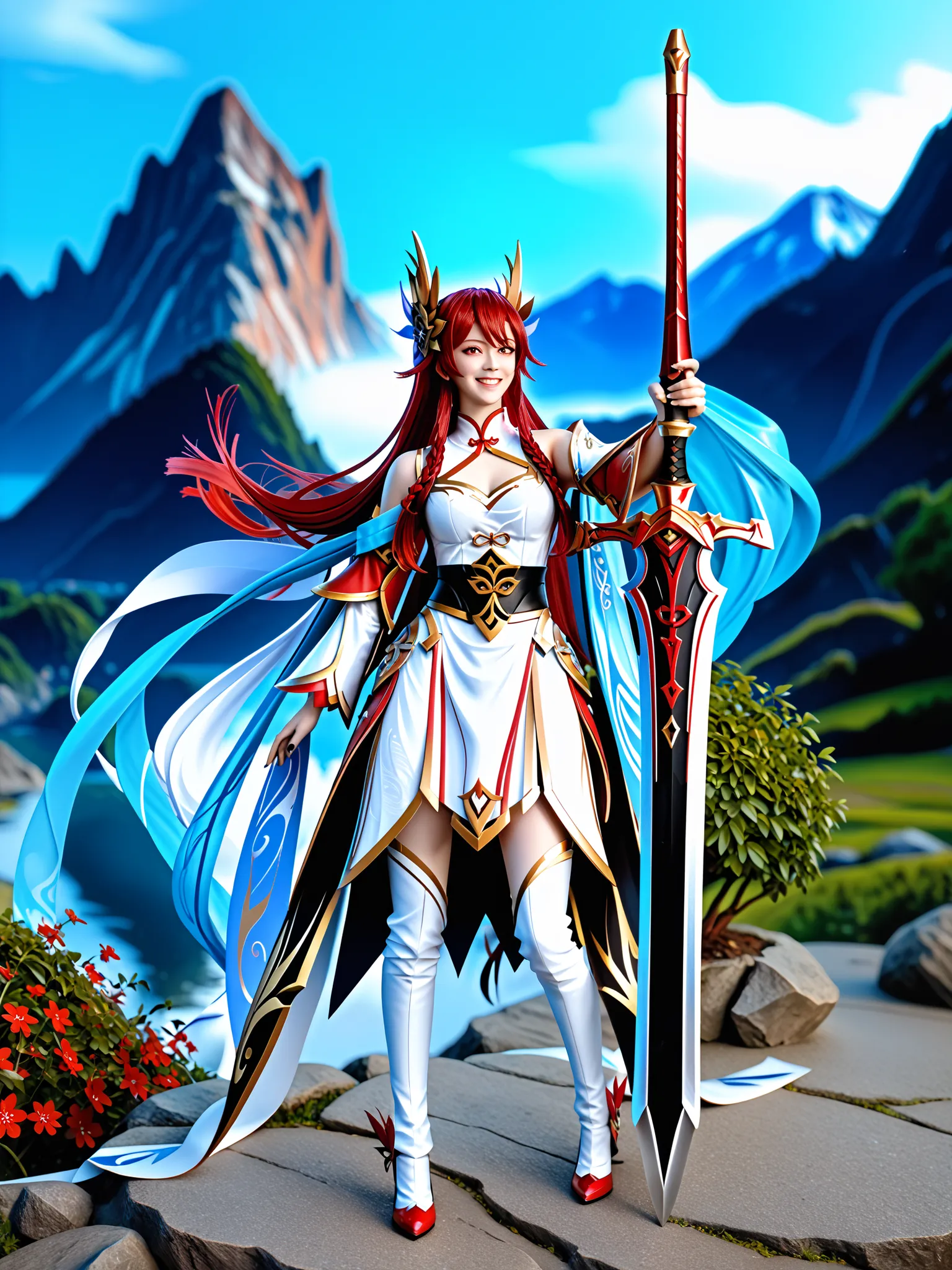 8k ultra hd, photorealistic, hyperdetailed, 3d rendered,  masterpiece, mountain landscape, solo,  20 years old , yandere, elesis sieghart(elsword), sword holding girl, red hair, long hair, red eyes, perfect hands (5 parmak), rias gremory, irelia, hu tao, w...
