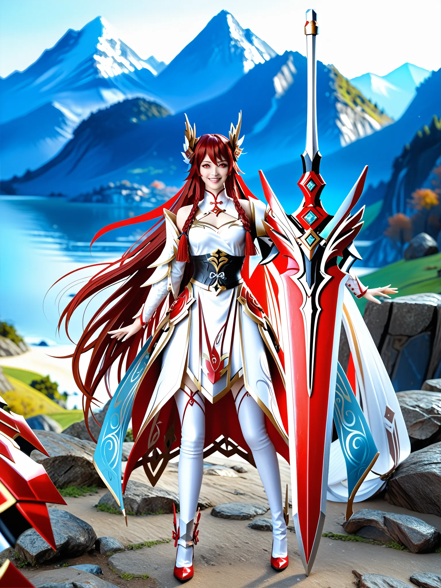 8k ultra hd, photorealistic, hyperdetailed, 3d rendered,  masterpiece, mountain landscape, solo,  20 years old , yandere, elesis sieghart(elsword), sword holding girl, red hair, long hair, red eyes, perfect hands (5 parmak), rias gremory, irelia, hu tao, w...