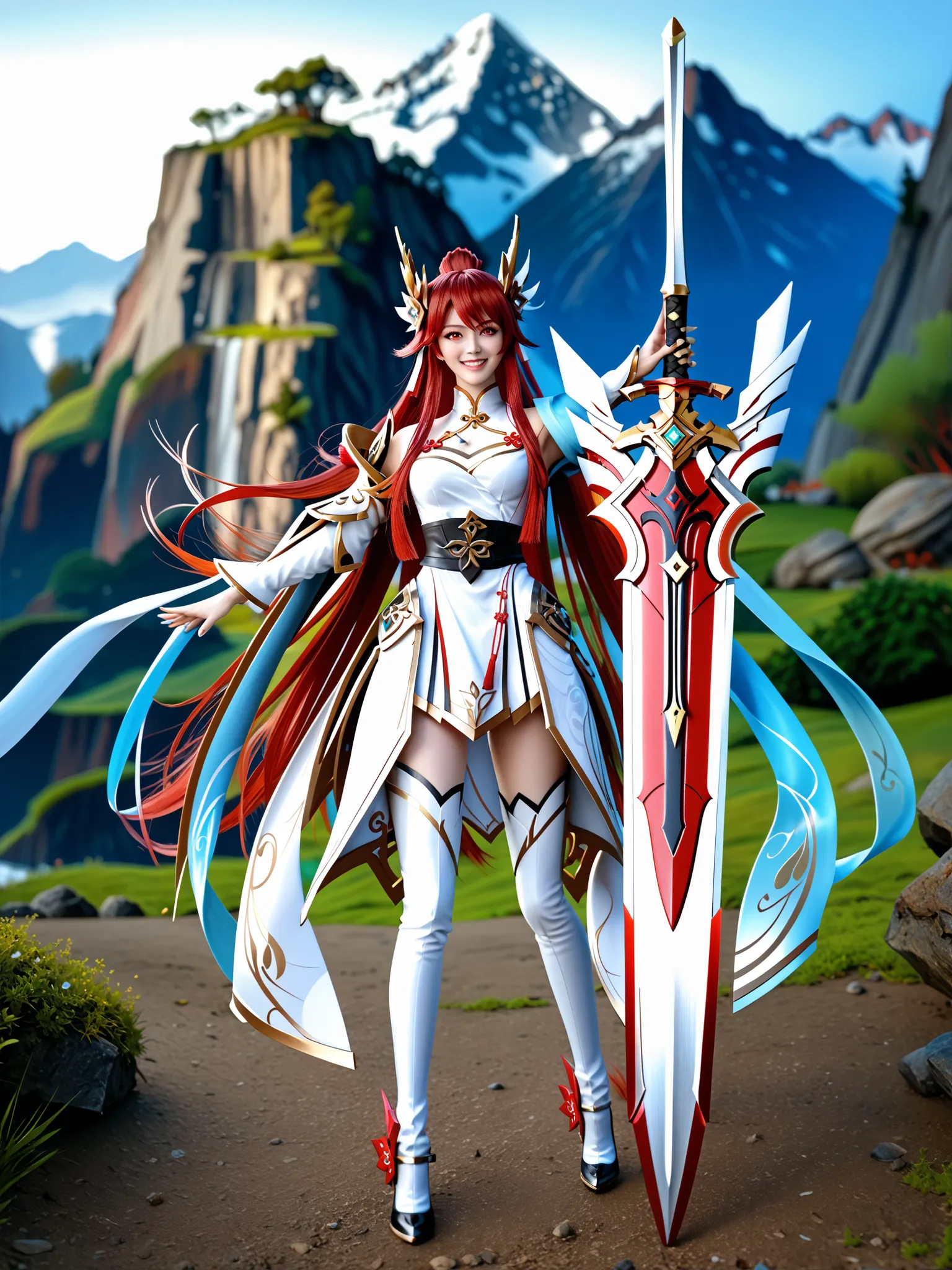 8k ultra hd, photorealistic, hyperdetailed, 3d rendered,  masterpiece, mountain landscape, solo,  20 years old , yandere, elesis sieghart(elsword), sword holding girl, red hair, long hair, red eyes, perfect hands (5 parmak), rias gremory, irelia, hu tao, w...
