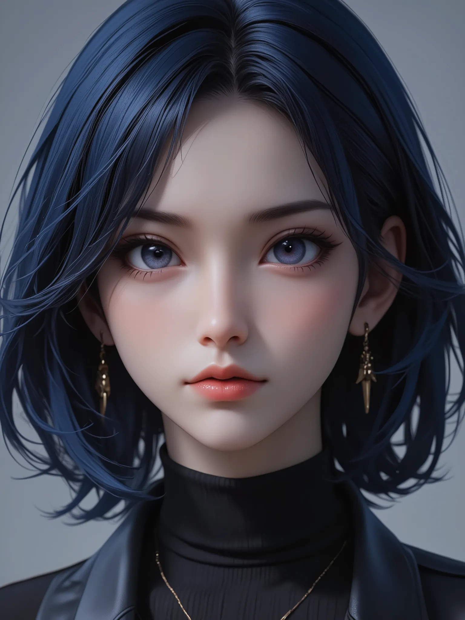 super realism, dark blue hair