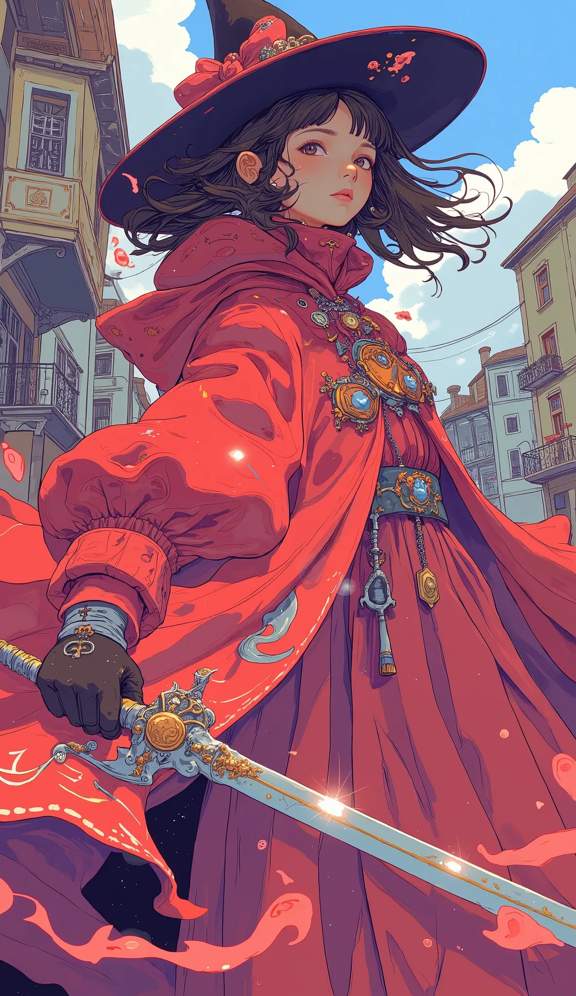 exudes skill and elegance, costumes reminiscent of the. キャラクターteeth風に合わせて劇的に流れる印象的な赤いマントを着ています, add dynamic movement to the scene. Wide-brimmed , exquisite clothing A vibrant and stylish image depicting a figure wearing, Ensemble . コスチュームにteethパフスリーブと複雑な装飾...