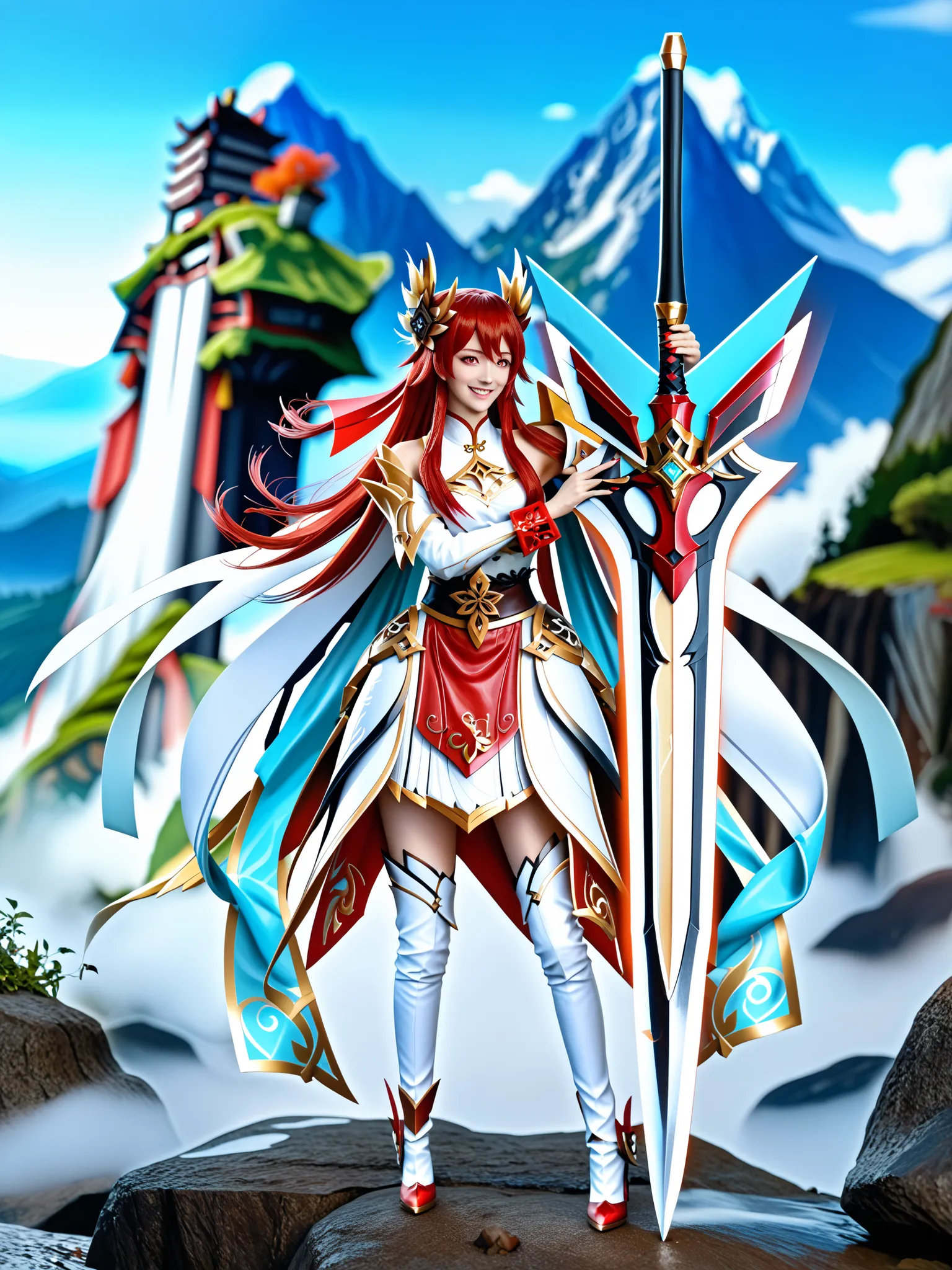 8k ultra hd, photorealistic, hyperdetailed, 3d rendered,  masterpiece, mountain landscape, solo,  20 years old , yandere, elesis sieghart(elsword), sword holding girl, red hair, long hair, red eyes, perfect hands (5 parmak), rias gremory, irelia, hu tao, w...