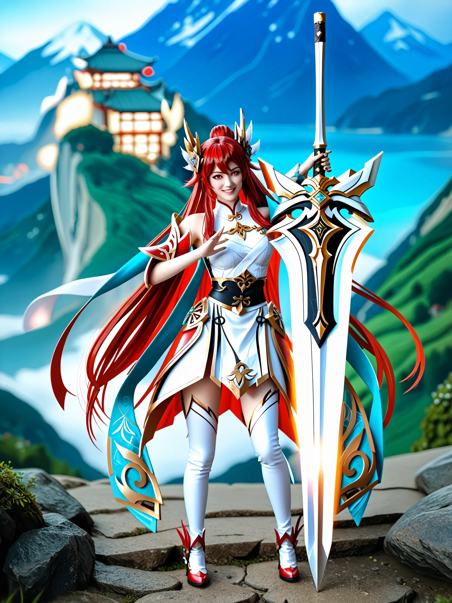 8k ultra hd, photorealistic, hyperdetailed, 3d rendered,  masterpiece, mountain landscape, solo,  20 years old , yandere, elesis sieghart(elsword), sword holding girl, red hair, long hair, red eyes, perfect hands (5 parmak), rias gremory, irelia, hu tao, w...