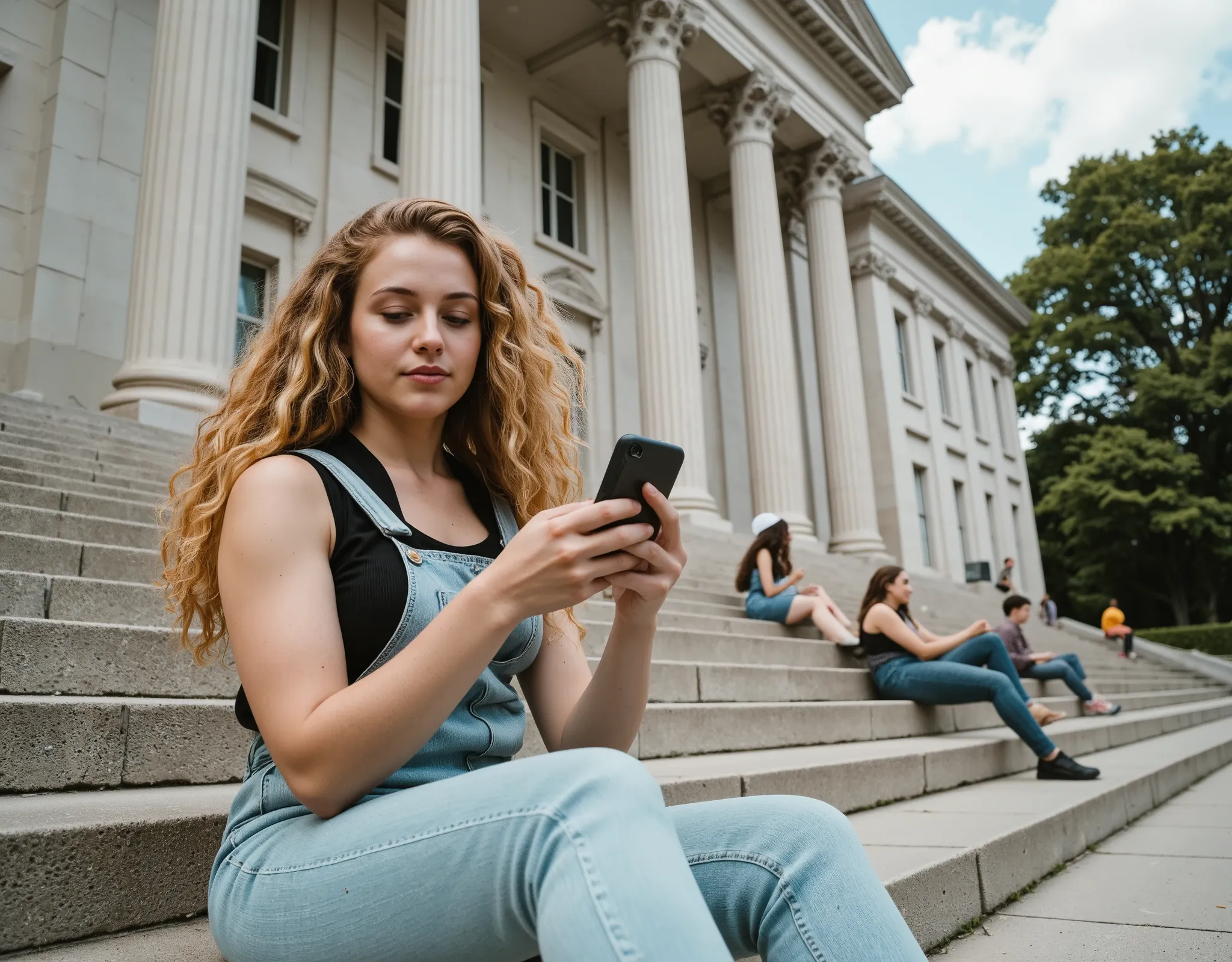 Cinematic daytime scene, frontal low-angle (contre-plongée) shot of a young woman with long, voluminous peach-blonde curly hair, sitting casually on the wide stone steps of a classical university building. She wears light denim overalls over a black sleev...