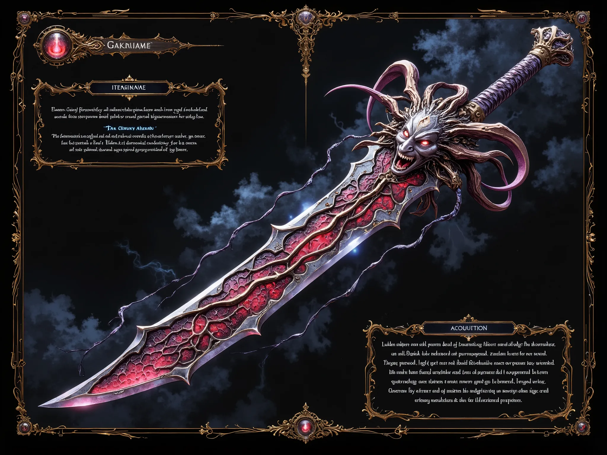 Masterpiece, ultra-detailed, professional video game concept art, item codex UI page from a surreal fantasy sci-fi game, Flux model. Featured item: 'Gakigan', a legendary long straight sword. The tsuba is an intricately sculpted, menacing oni demon face wi...