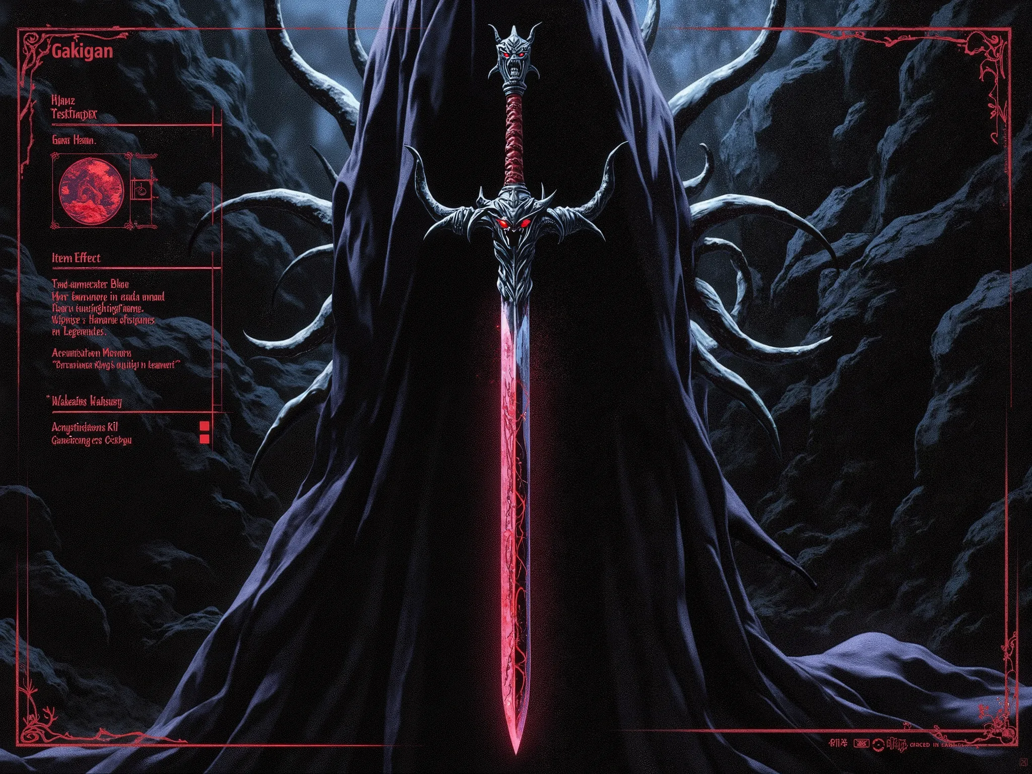 Masterpiece, best quality, ultra-detailed, professional concept art. A surreal fantasy sci-fi in-game item codex page. The UI is sleek, futuristic, and exquisitely designed, displaying information for a legendary weapon, 'Gakigan'. The central image showca...