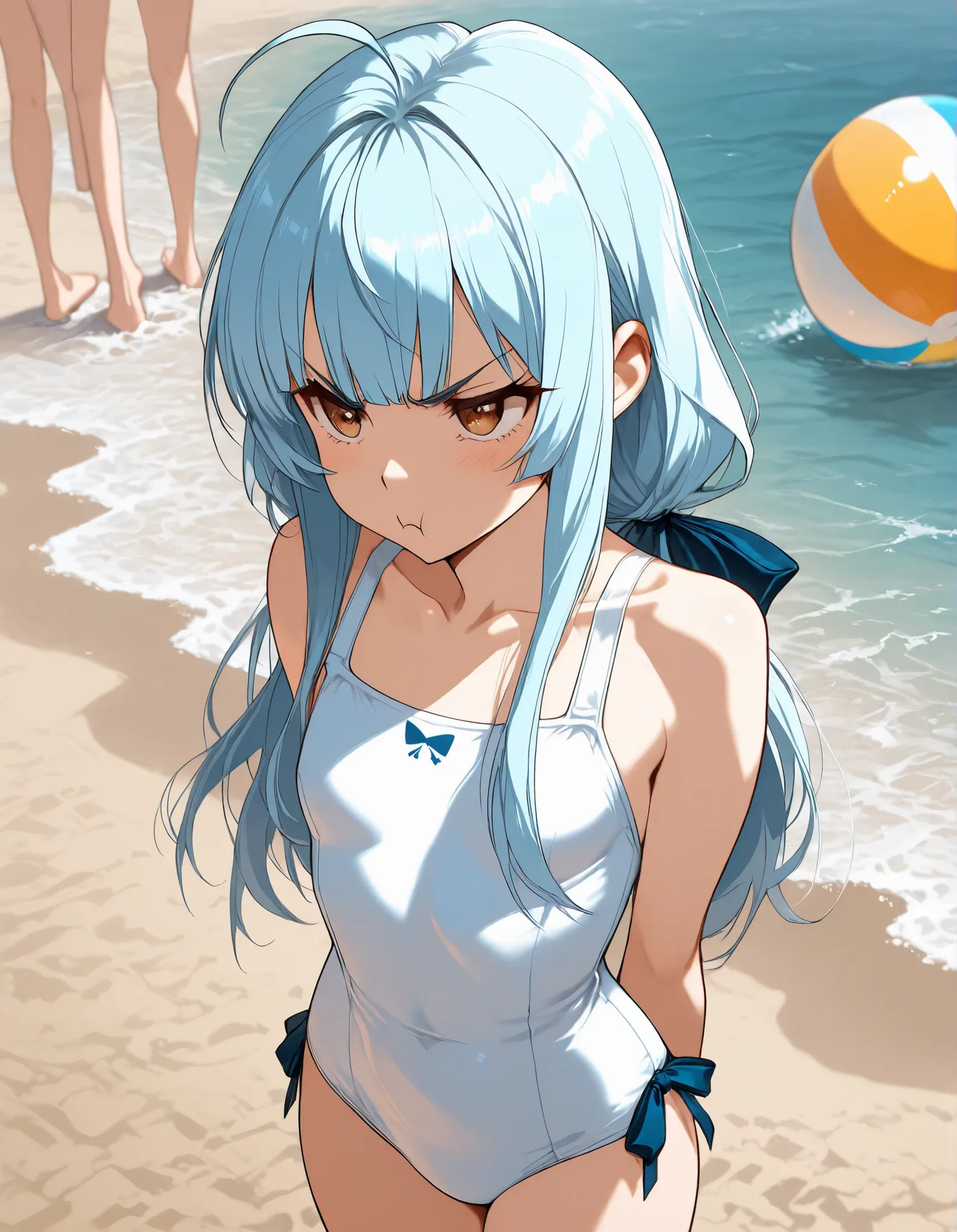 8k, score_9, anime style, masterpiece, best quality, woman, short height 147 cm, ribbon back head, light blue long hair, hair bangs, ahoge, brown eyes, small breast, white swimsuit(opaque), river background, sand floor , carrying a big beach ball, pouting...
