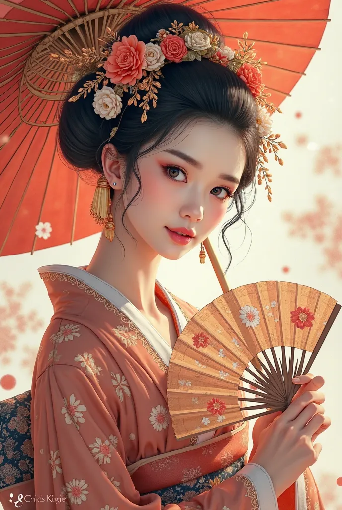 Hand held fan、Araf Woman Wearing a Wreath, Beautiful digital illustration, Fine art illustration, Stunning digital illustrations, Beautiful Digital Artwork, Inspired by Yoon Doo-ri, Digital illustration style, chinese empress, geisha portraits, beautiful f...