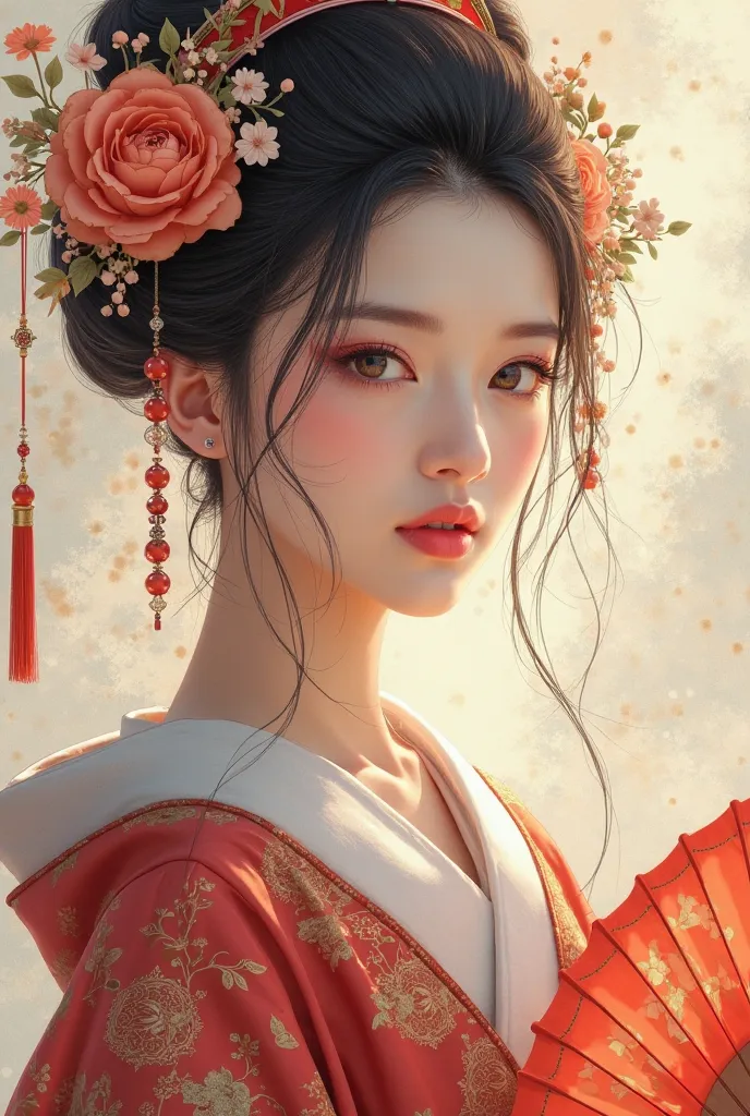 Hand held fan、Araf Woman Wearing a Wreath, Beautiful digital illustration, Fine art illustration, Stunning digital illustrations, Beautiful Digital Artwork, Inspired by Yoon Doo-ri, Digital illustration style, chinese empress, geisha portraits, beautiful f...