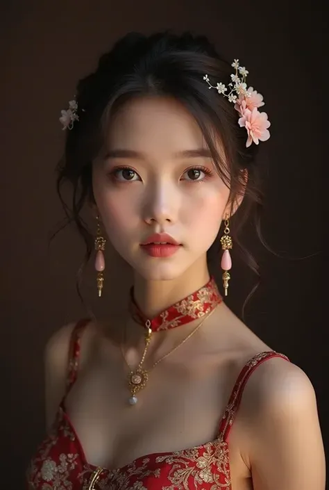 best quality, masterpiece, high resolution, 1girl,on cheongsam,hair adornments, choker necklace, jewelry , pretty face,above_body, Tyndall Effect,フォトリアリスティック,  dark studio,  edge lighting ,  two-tone lighting ,( high-detail skin:1.2), 8 thousand uhd, DSLR,...