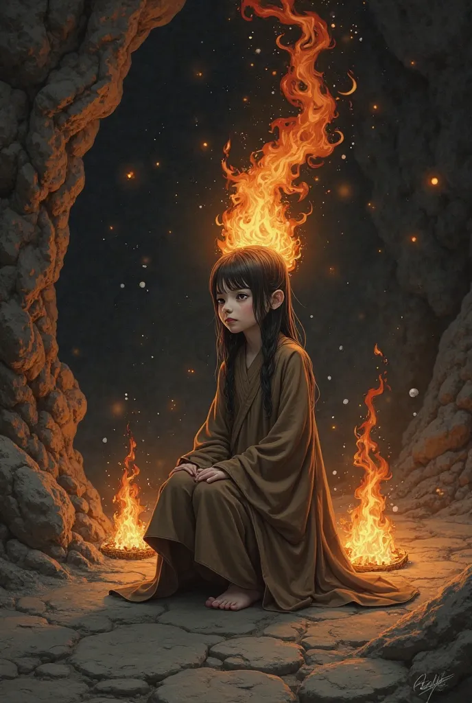 (, masterpiece), (1 girl , solitude,Brown robe, expression face, Look elsewhere , Seats, Wide sleeves, 黑The eye, shut up, ribbon-like flames on the head , long hair, cow boy shot), (Mono Color, the night sky at the entrance to the cave , The li...