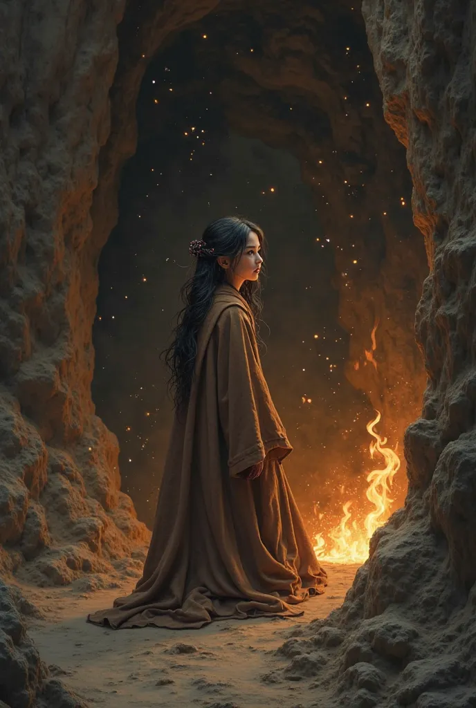 (, masterpiece), (1 girl , solitude,Brown robe, expression face, Look elsewhere , Seats, Wide sleeves, 黑The eye, shut up, ribbon-like flames on the head , long hair, cow boy shot), (Mono Color, the night sky at the entrance to the cave , The li...
