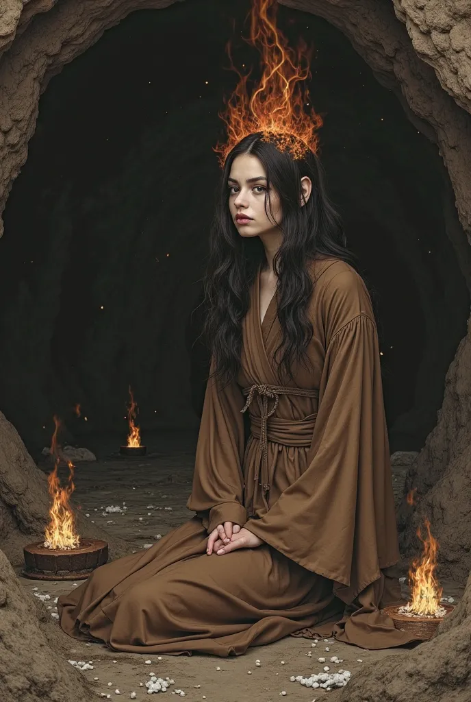 (, masterpiece), (1 girl , solitude,Brown robe, expression face, look elsewhere , Seats, Wide sleeves, Dark eyes, shut up, ribbon-like flames on the head , long hair, cow boy shot), (Mono Color, the night sky at the entrance to the cave , ...